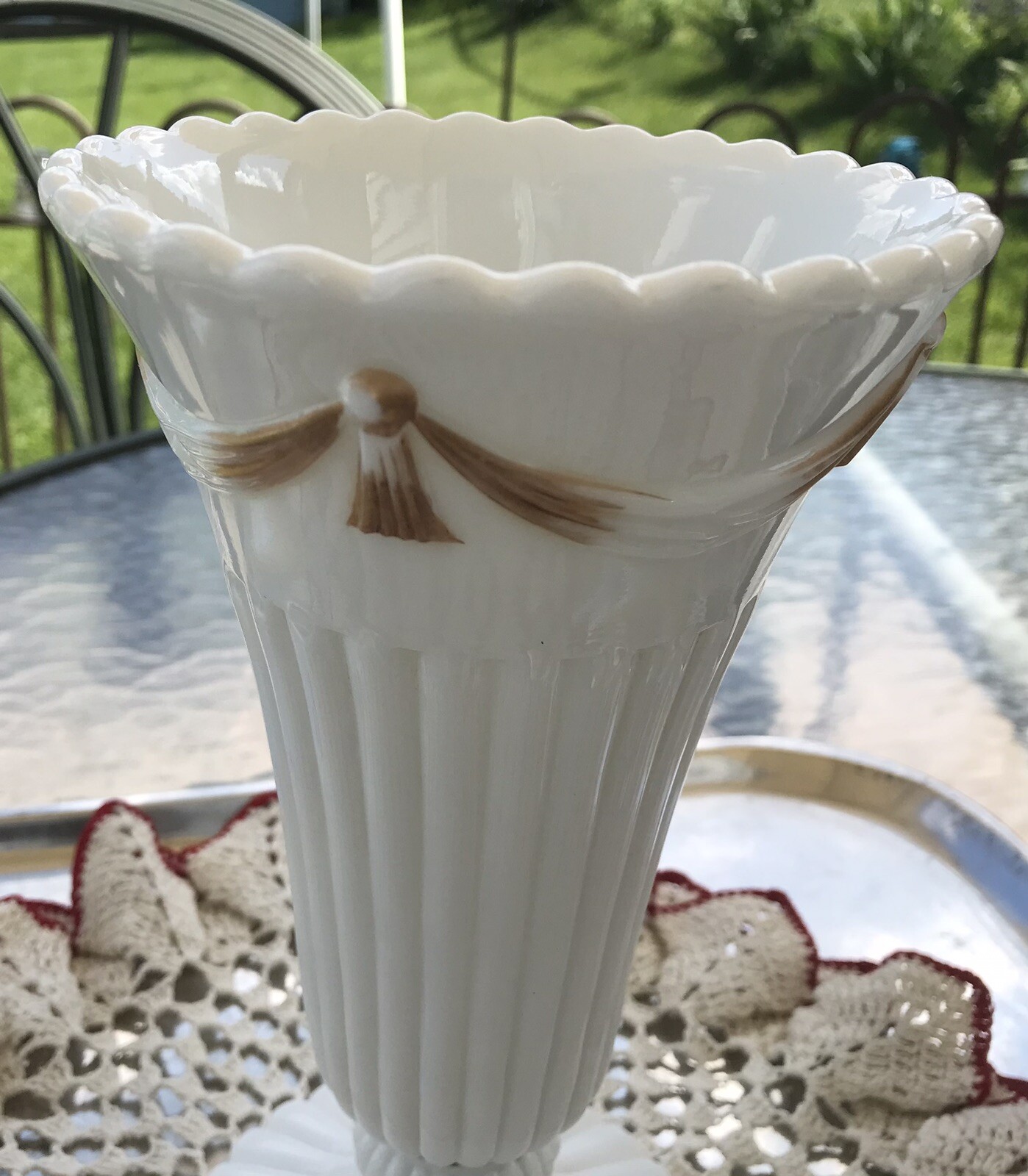 Vintage Westmoreland Milk Glass Drape & Tassel Fluted Vase Gold White 9 1/4 inch
