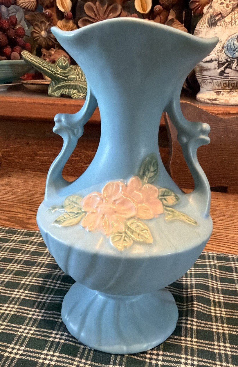Vintage 10” Weller Art Pottery Vase Pale Blue Matte Finish WILD ROSE Pattern
