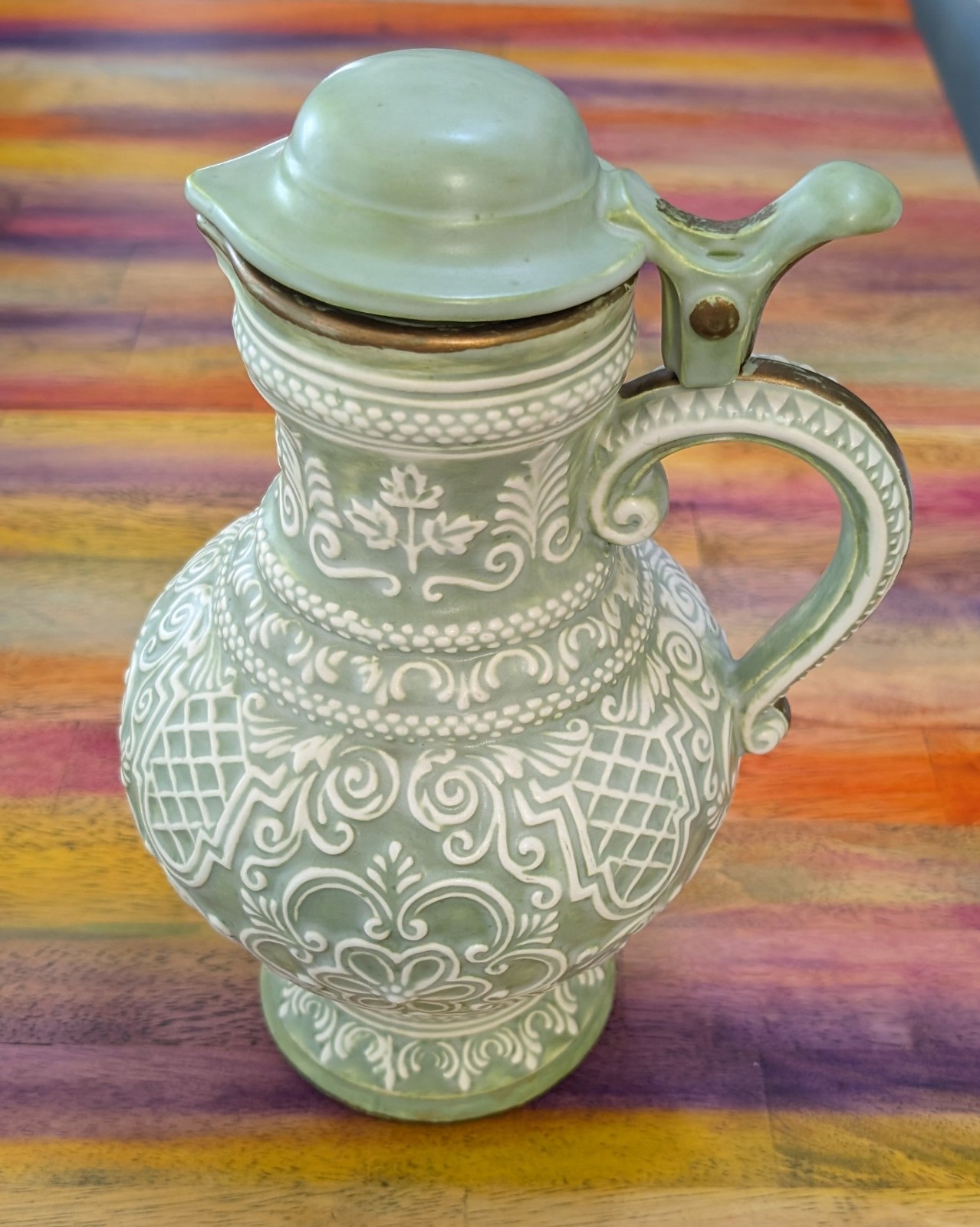 ⭐ Vintage Atlantic Mold Pitcher Vase Pottery Hand Painted 1975 Floral Design Lid