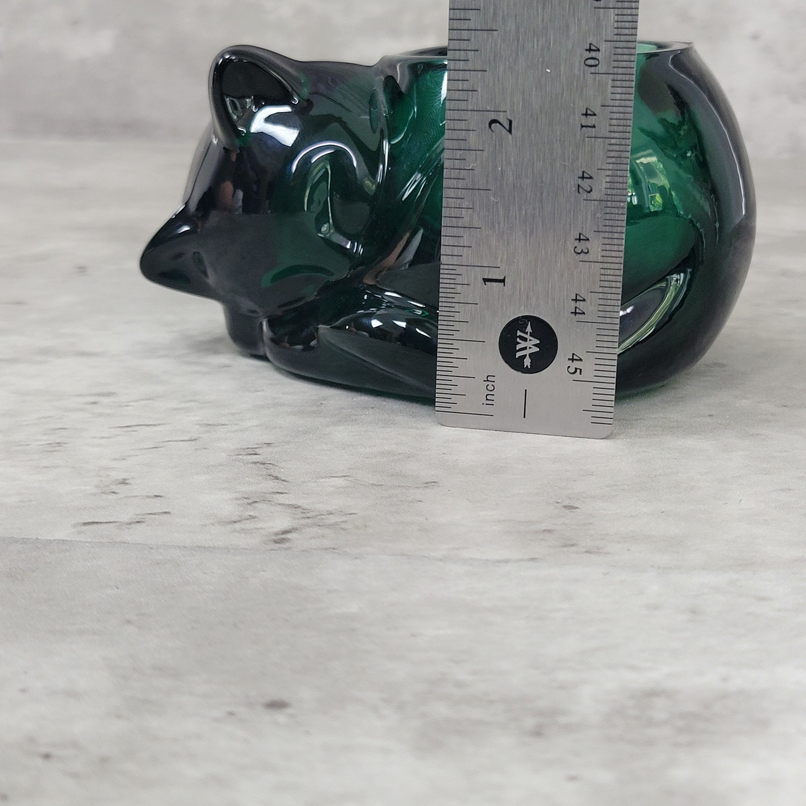 Green Glass Cat Figurine Bowl 4.25″ Vintage Art Glass Animal Trinket Dish Decor