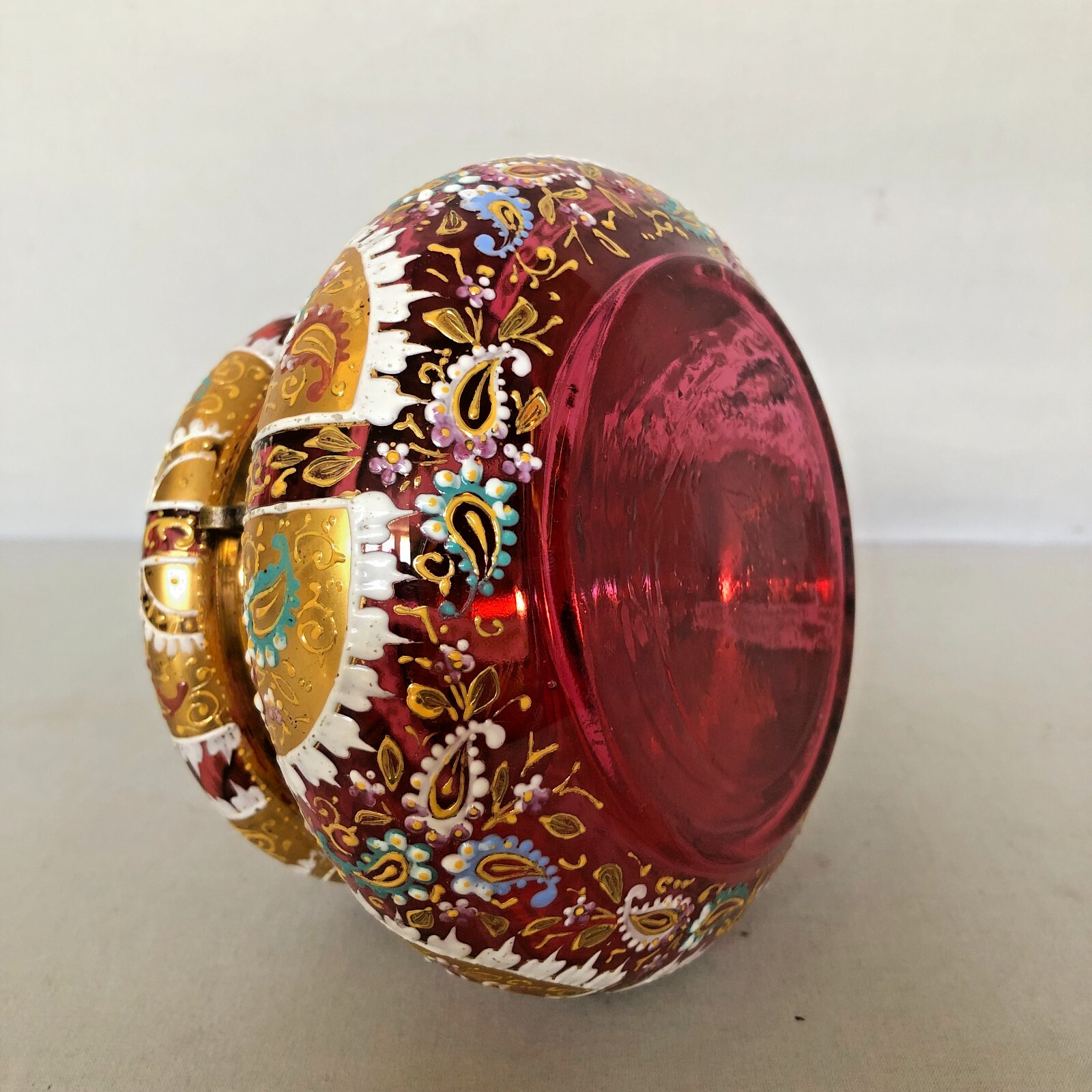 Antique Round Hinged Hand Heavily Decorated Pink Moser Glass Box