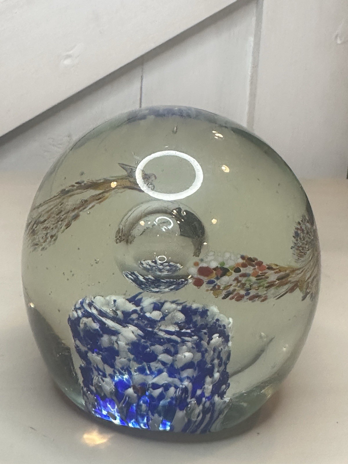 Glass Paperweight, Hand Blown Modern Art Paperweight 3.5in H 3.25in W 1