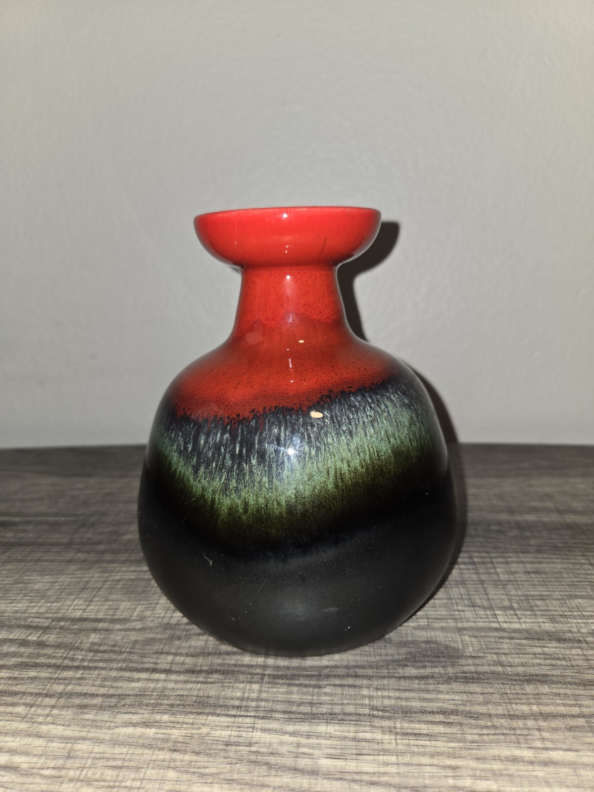 Hutschenreuther Style Fat Lava Bulbous Vase, Glossy Red, Green, And Black Matte
