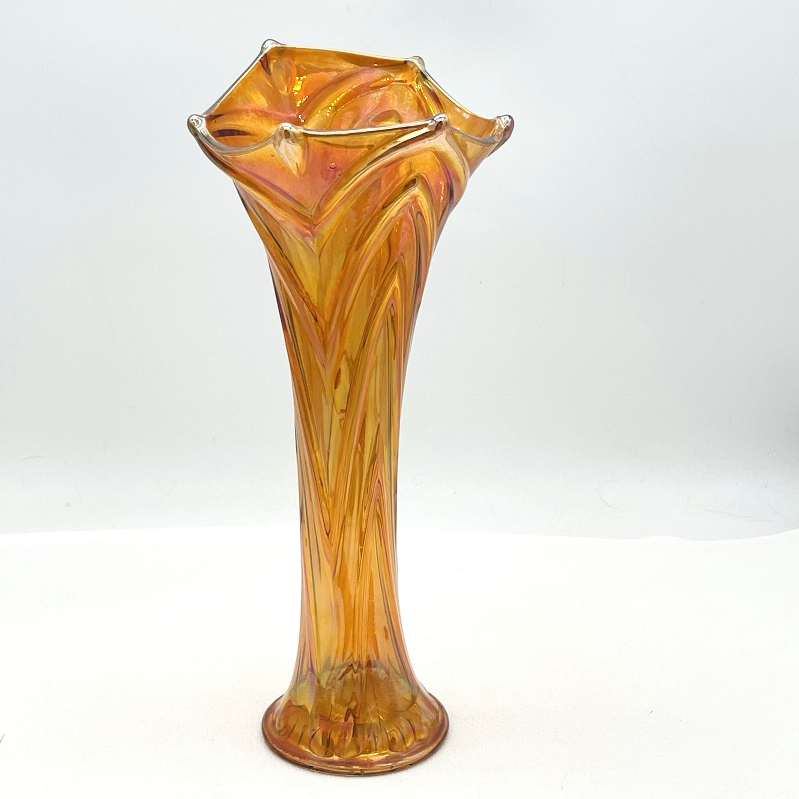 Vintage Imperial Glass Gothic Arches Marigold Orange Swung Vase 14.5″ RARE