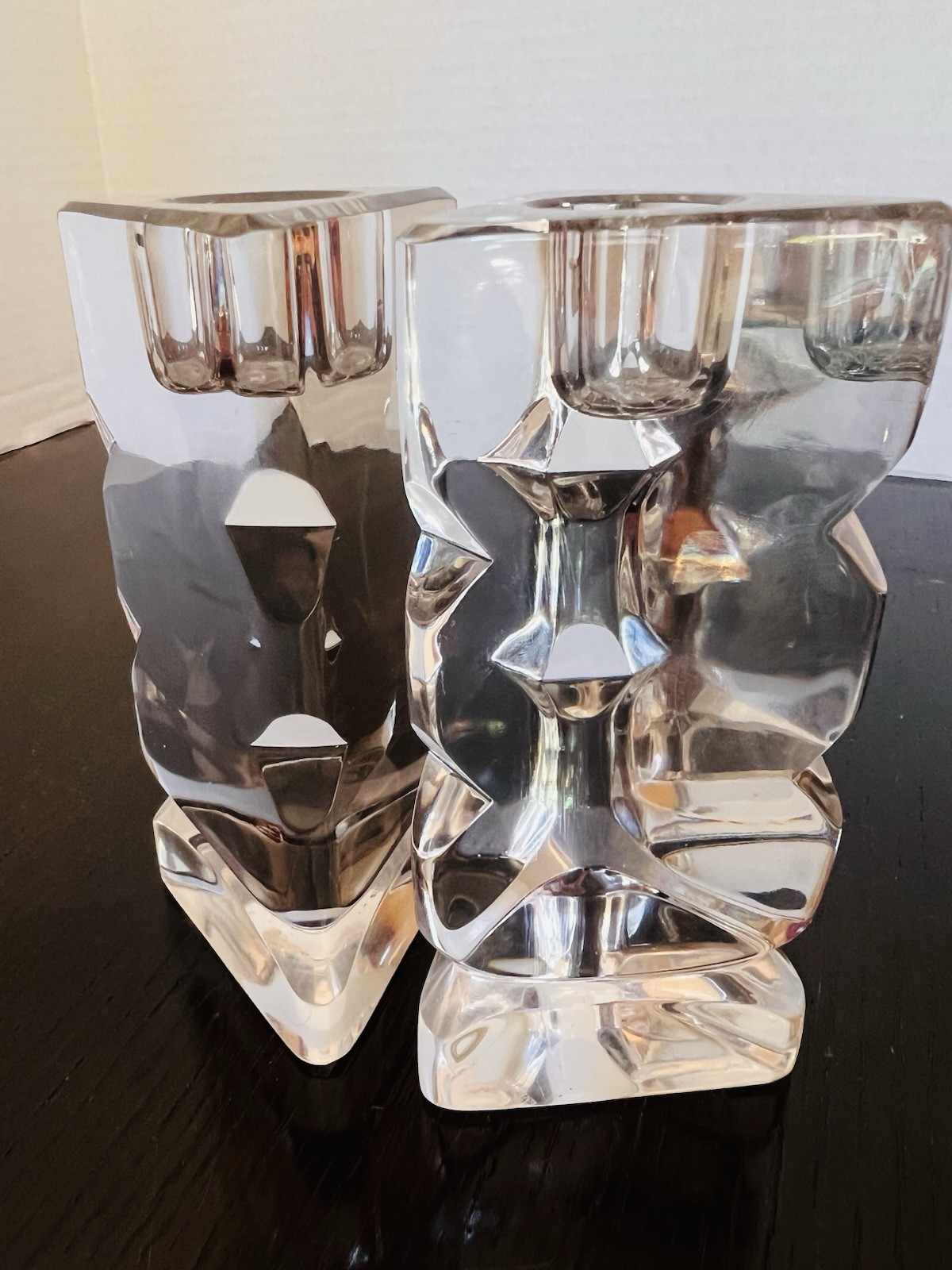 Vintage Rogaska Signed Crystal Candlestick Holders Pair Modernist Prism Triangle