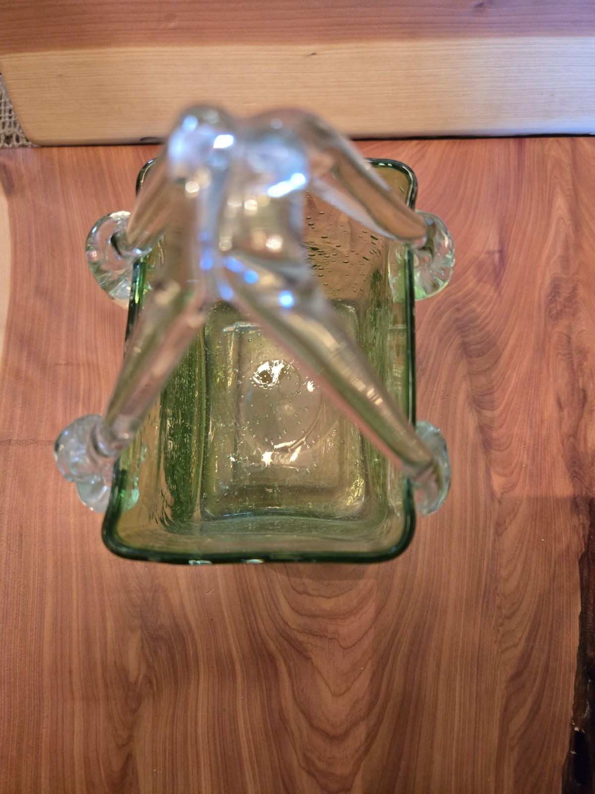Green Glass Hand Painted Floral Decorative Basket with Handles, Used