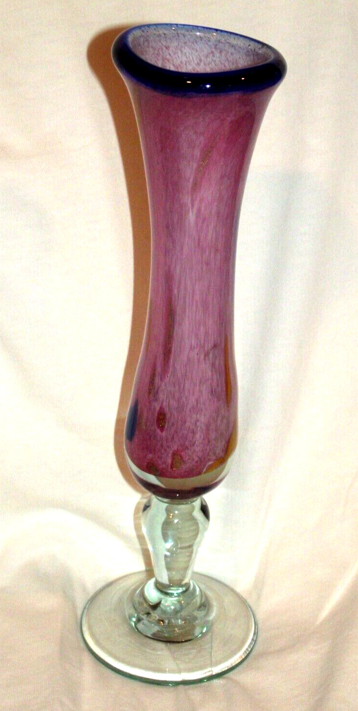 1990s Marc Biot Hand Blown Fluted Pink/Blue Art Glass Vase 10″ (26 cm) France B