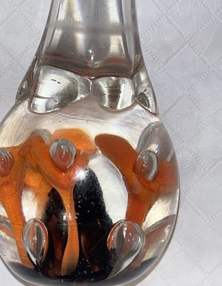 Pair Matching Joe Rice Vtg Art Glass Paperweight Bud Vase Clear Orange Flowers