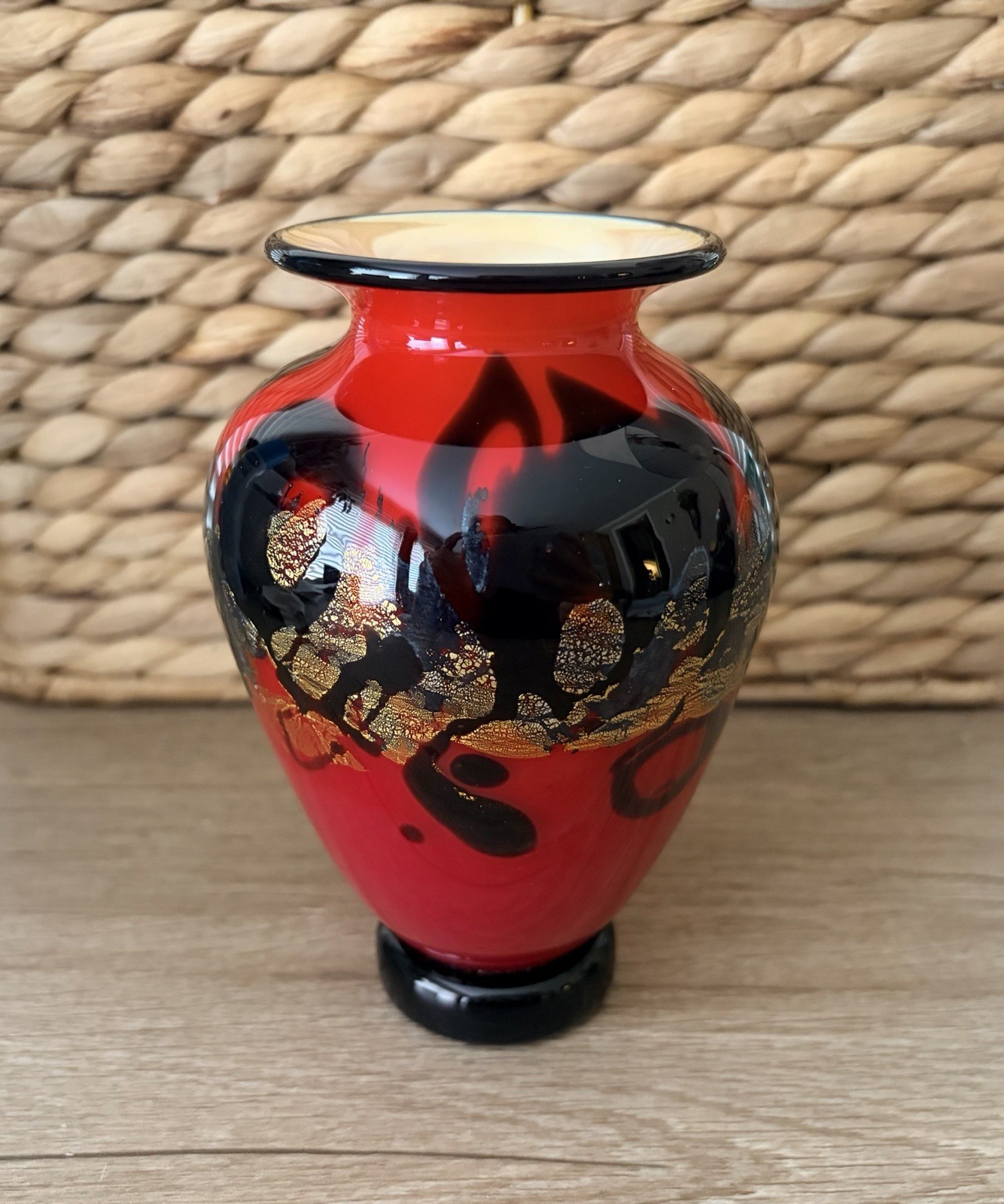 Michael Nourot Signed Studio Glass Incense Vase Jar 4.5” Tall Red Gold Black USA