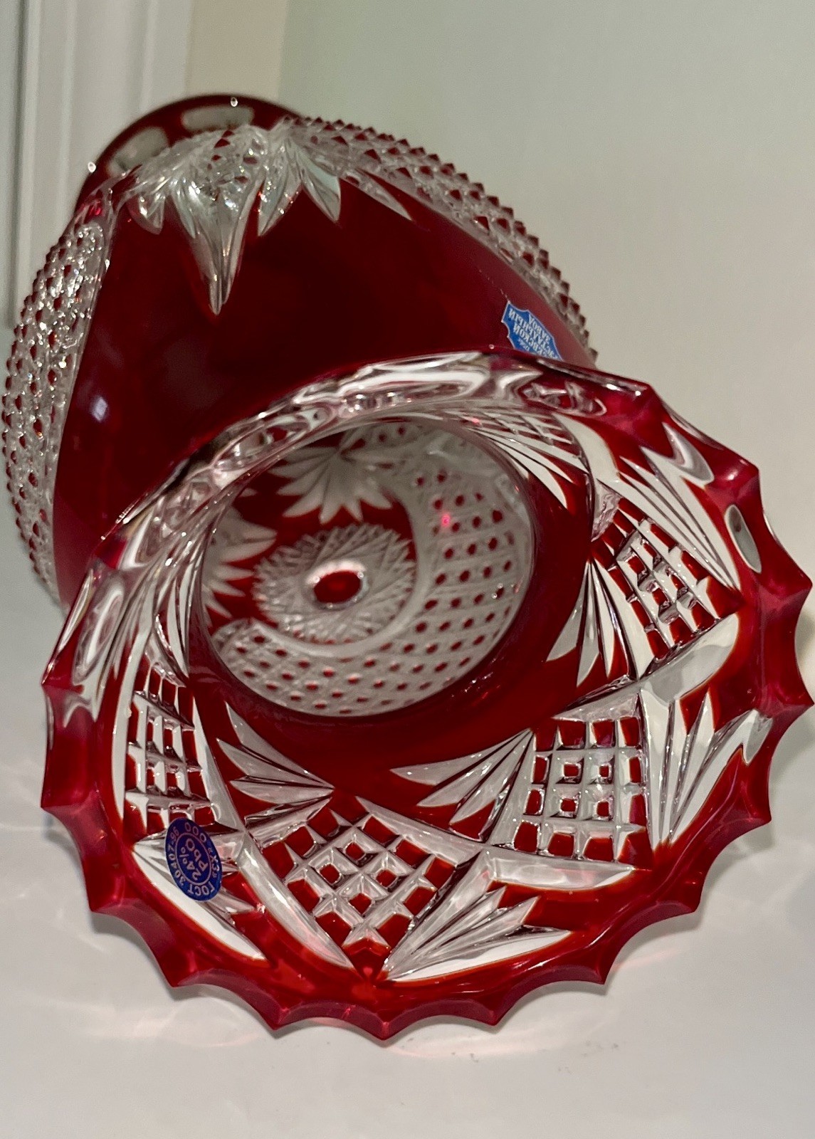 Vintage Gus Khrustalny Russian Ruby Red Cut To Clear Crystal Vase 15 1/4″ Tall