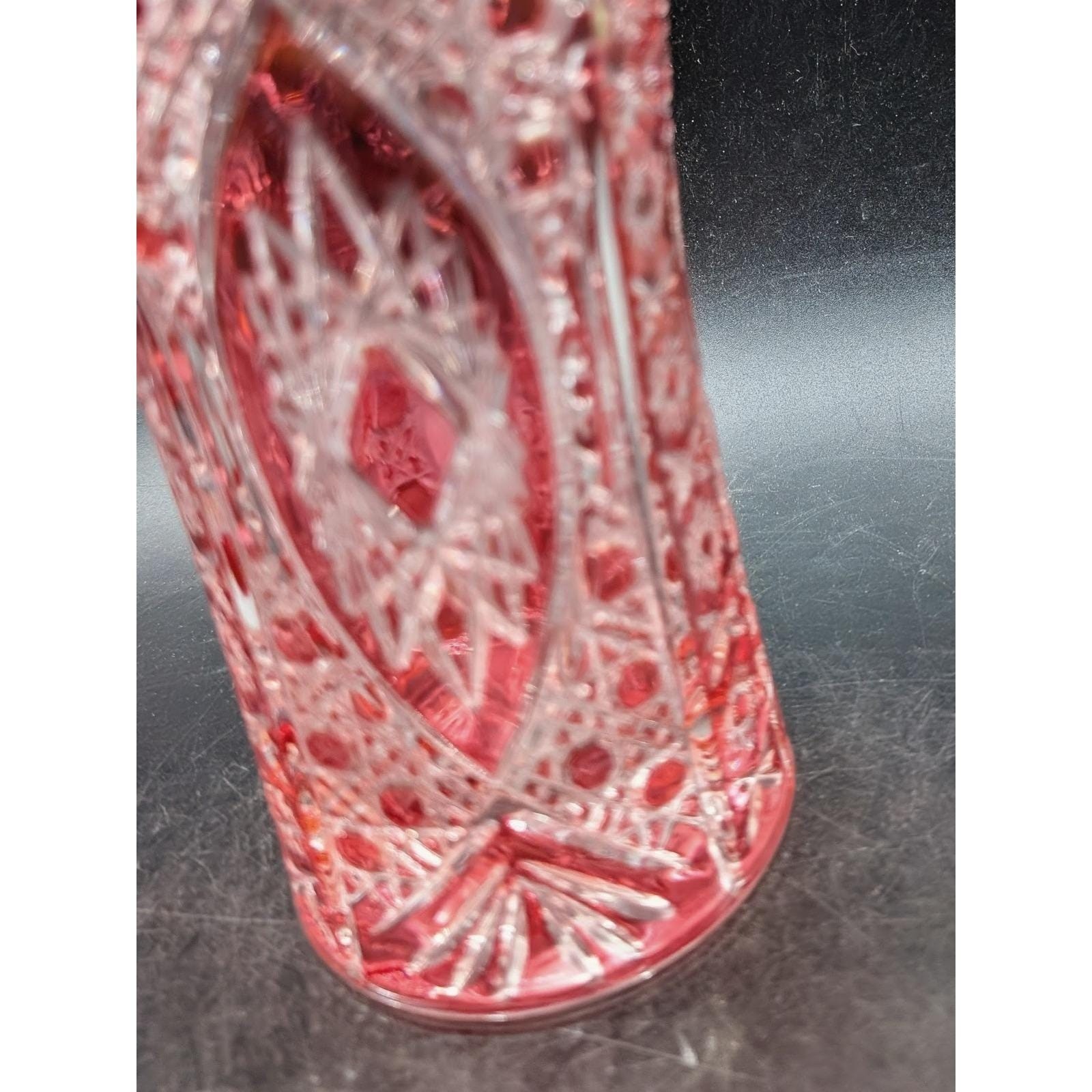 Vintage Crystal De Arques Ruby Red Cut Clear Glass Vase Sawtooth Starburst 6.75″