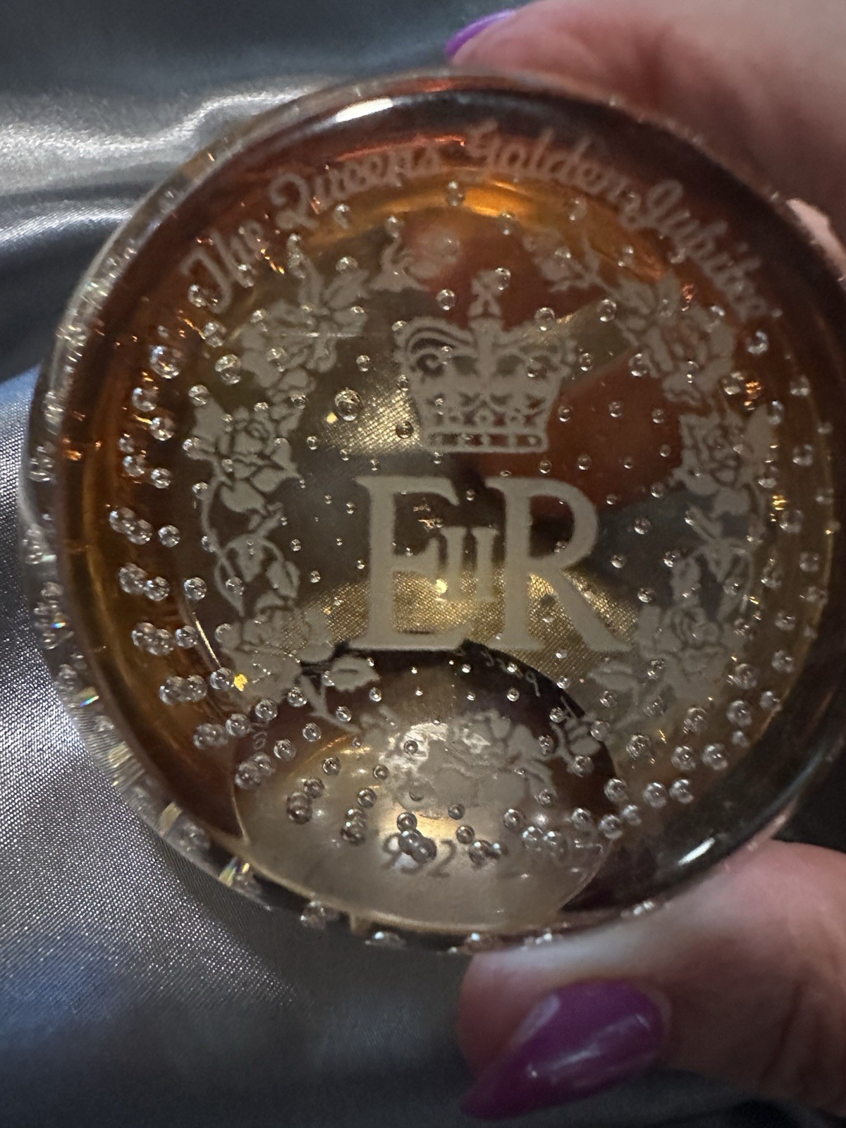 Caithness Glass Paperweight Amber Hand Blown Royal Crown Queen Elizabeth II 2002
