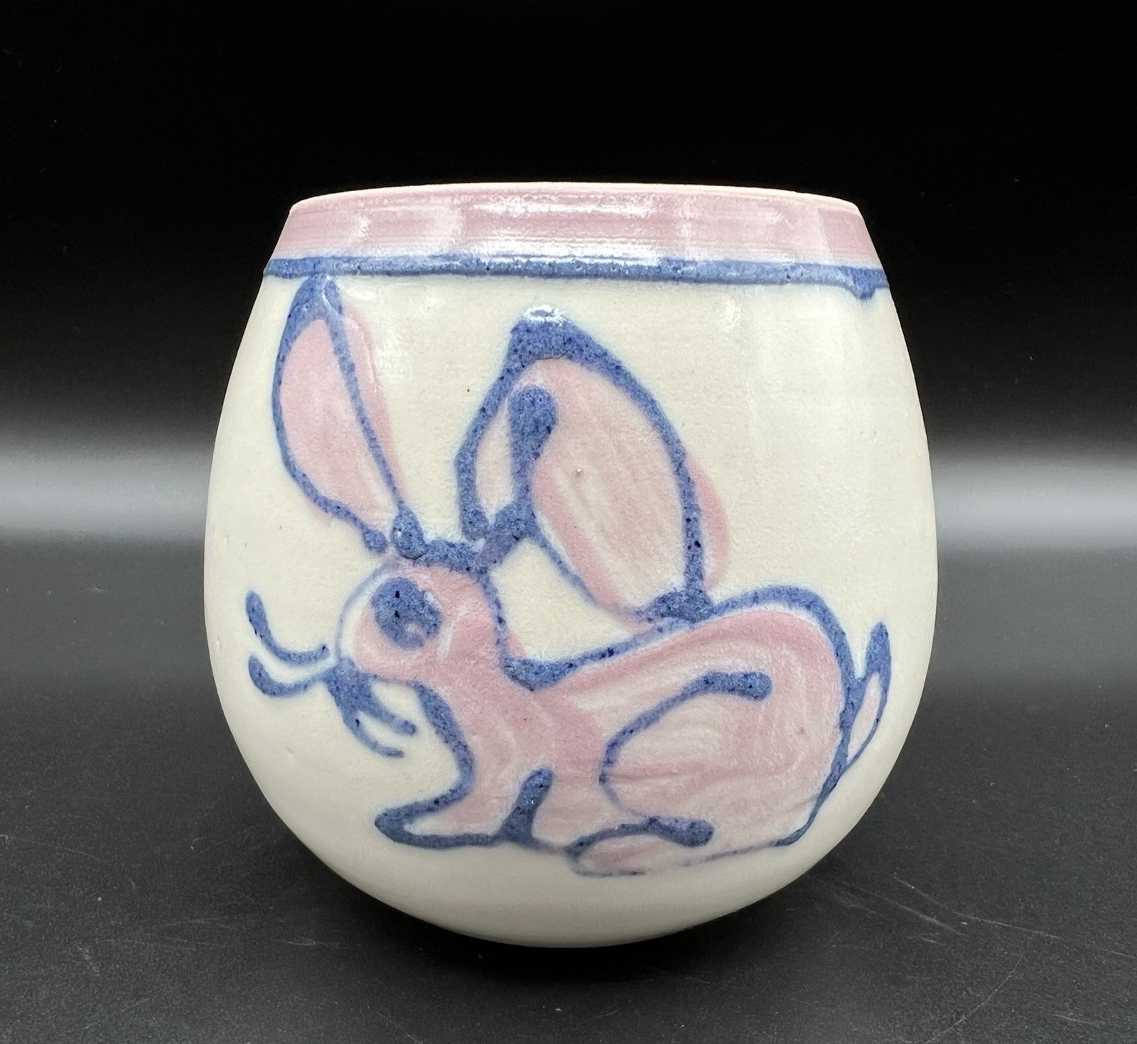 Studio Art Pottery Egg Shaped Trinket Box 5” Yellow & Pink Bunny Rabbit Signed