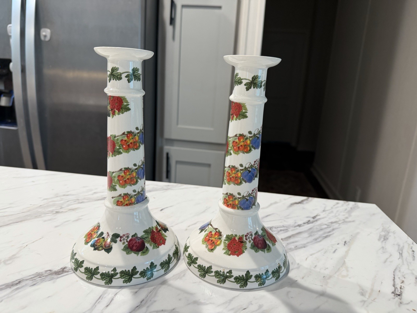Portmeirion Pomona Pair Ceramic Fruit Pattern Taper Candlesticks White
