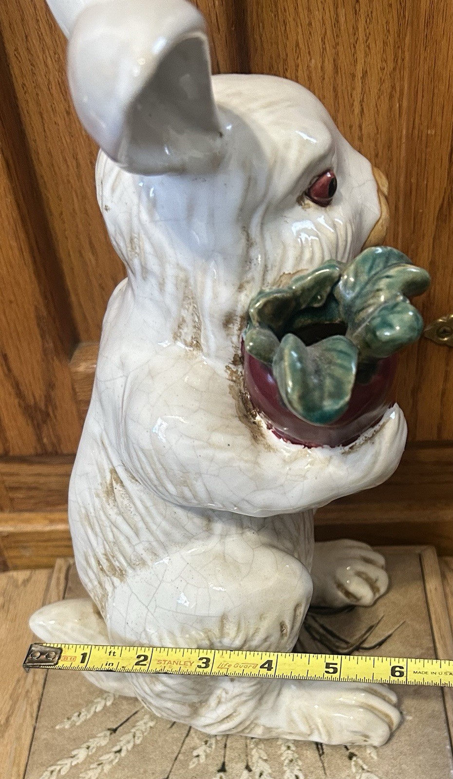 Vintage Large Majolica Rabbit Figurine Bud Vase With Red Eyes Holding Carrot