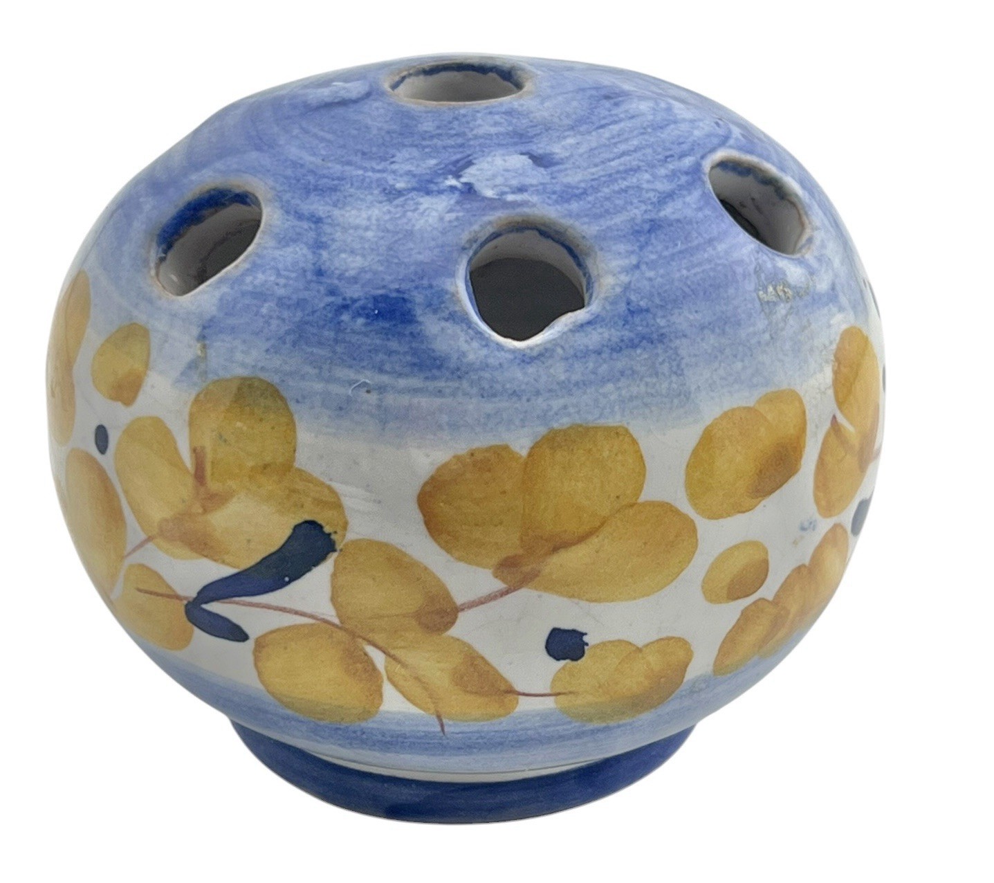 Vintage Italian Pottery Flower Frog Vase Pansy Pot Hand Painted Yellow & Blue 3”