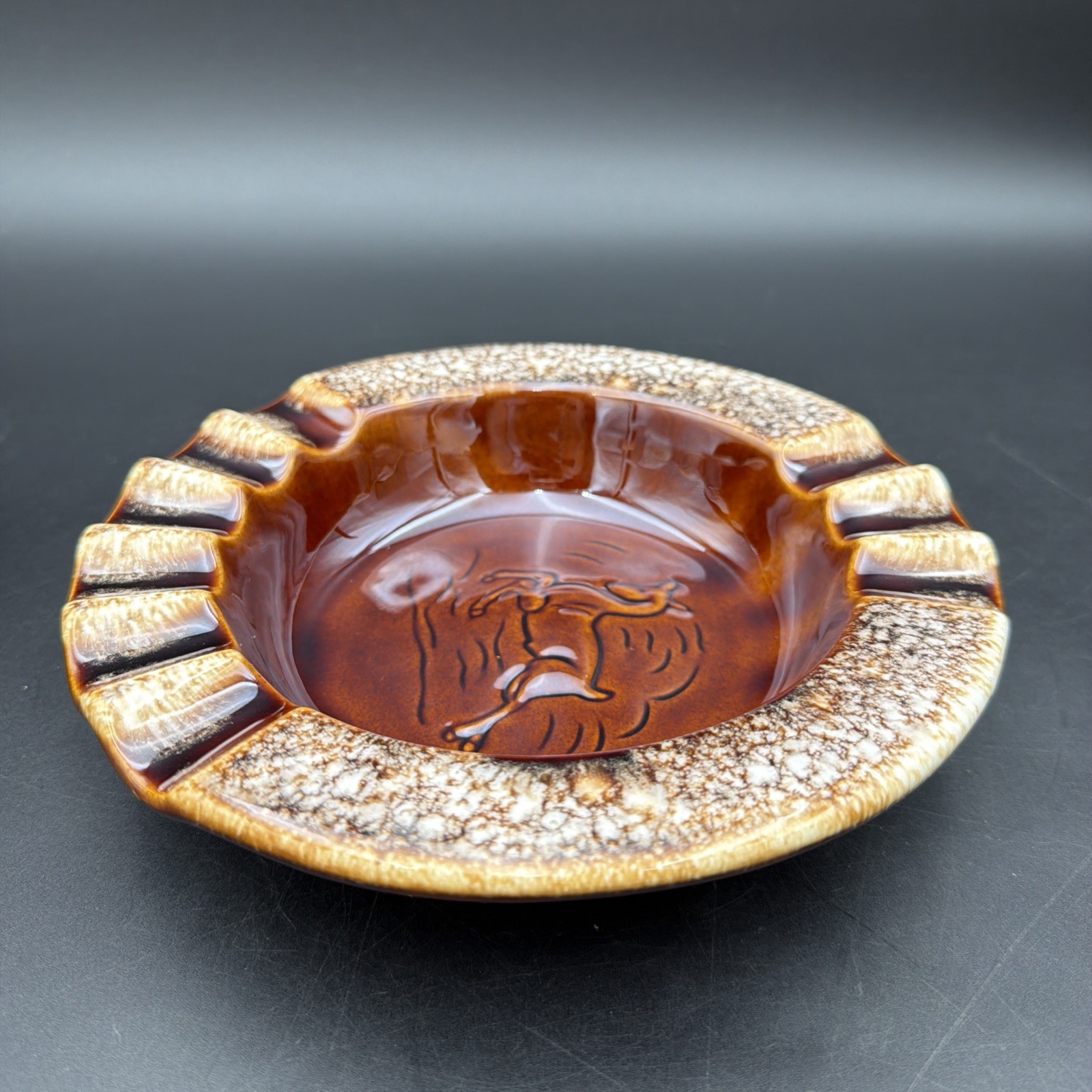 Hull USA Brown Drip Glaze Pottery Ashtray VTG Trinket Dish Leaping Deer 8″ -A