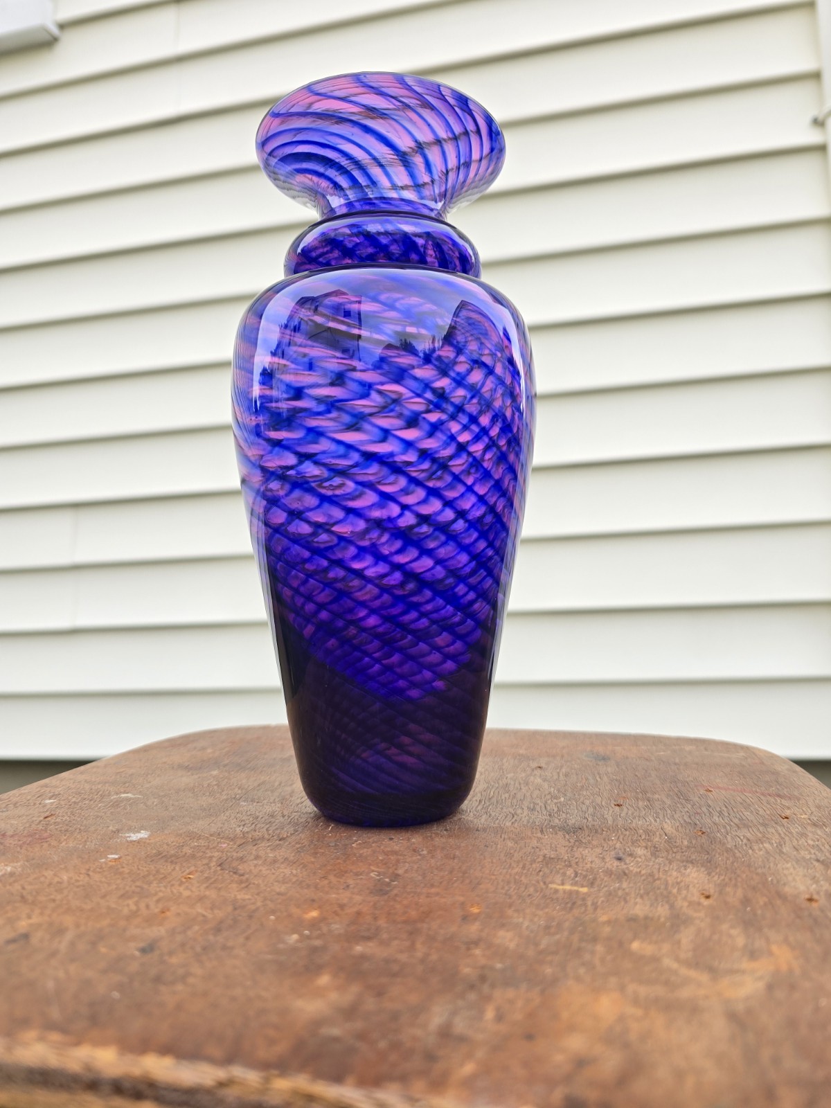 Young & Constantin Signed Art Glass Vase Purple Blue Swirl Hand Blown 9″ Studio