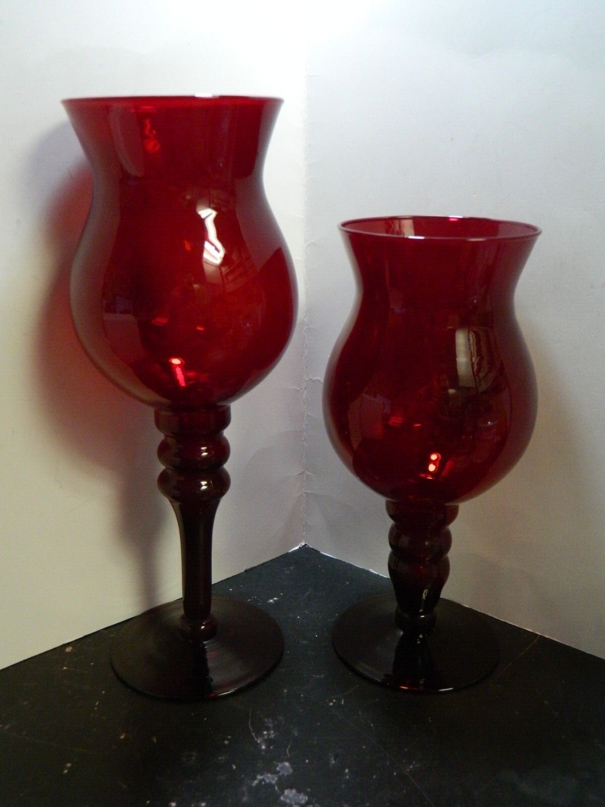 Vintage (2) Large Hand Blown Ruby Red Empoli Pedestal Vases 14.5″ & 11.75″ Excel