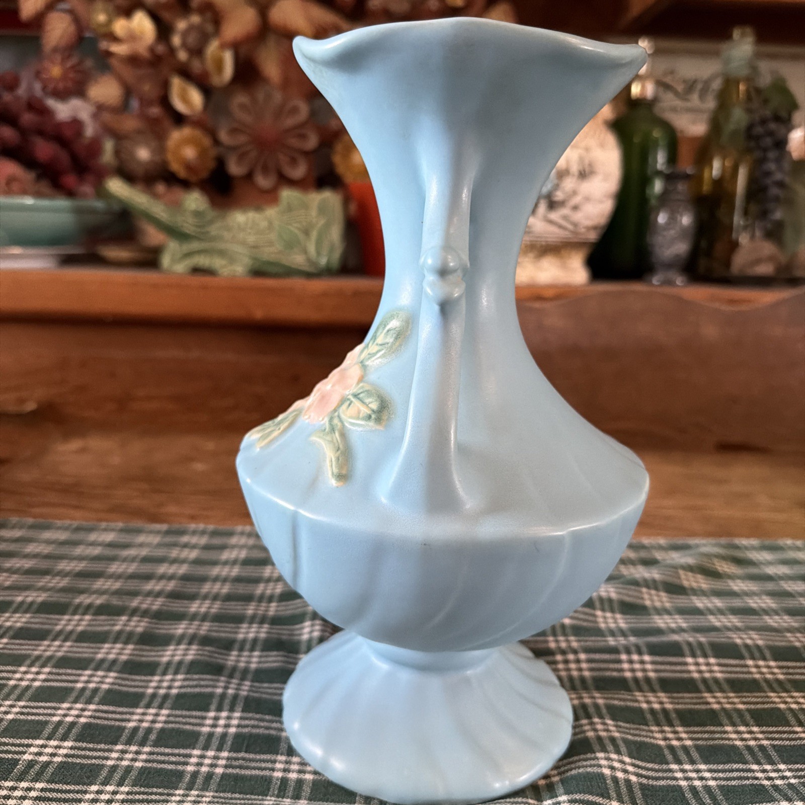 Vintage 10” Weller Art Pottery Vase Pale Blue Matte Finish WILD ROSE Pattern