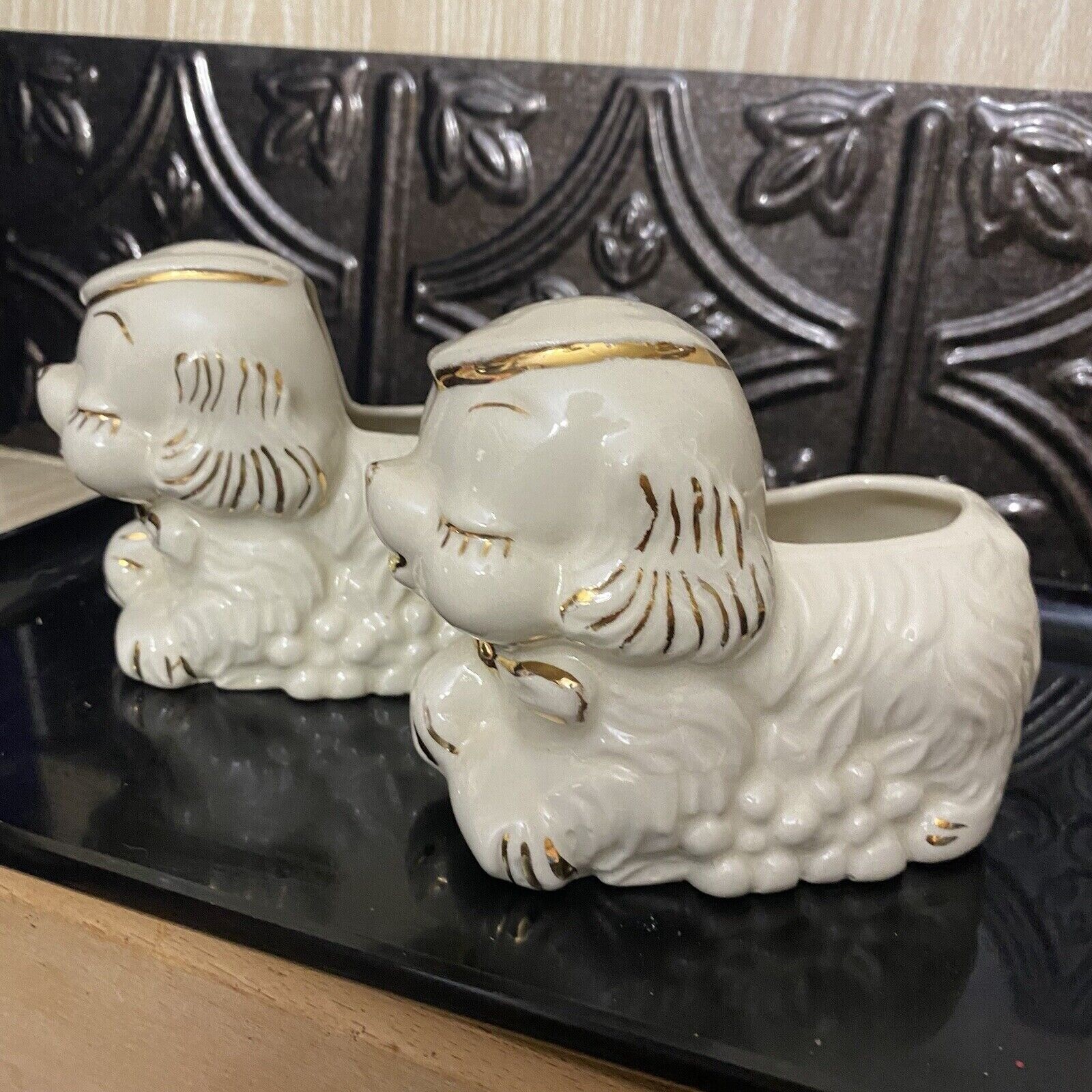 Vintage Ceramic Poodle Planter Set Off White Gold Gilt Mid Century Dog Figurines