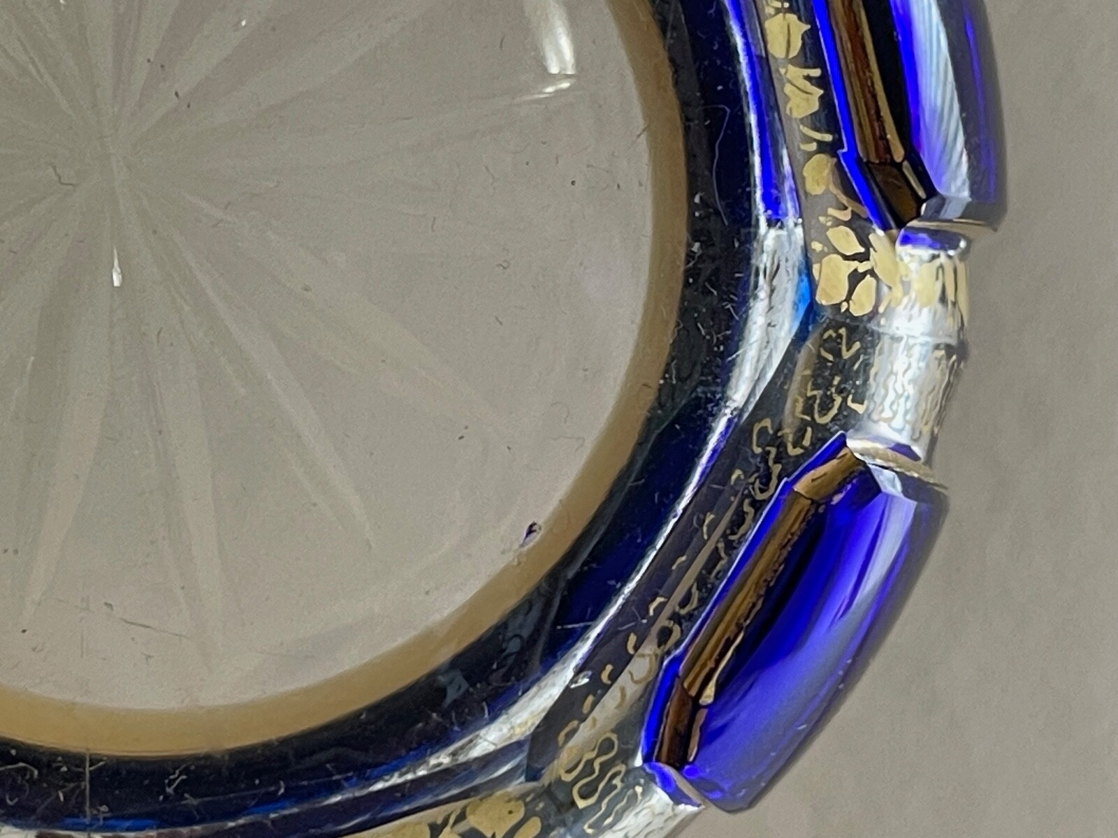 Vintage Antique Manner of Moser Cobalt Clear & Gold Faceted Glass Round Box