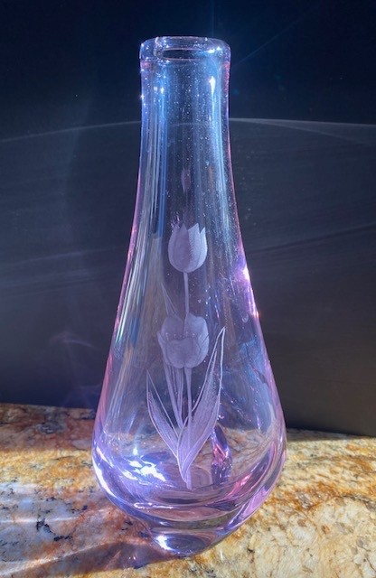 Vintage Johansfors Swedish Amethyst Vase Acid Etched Tulips J.K. Signed 10”