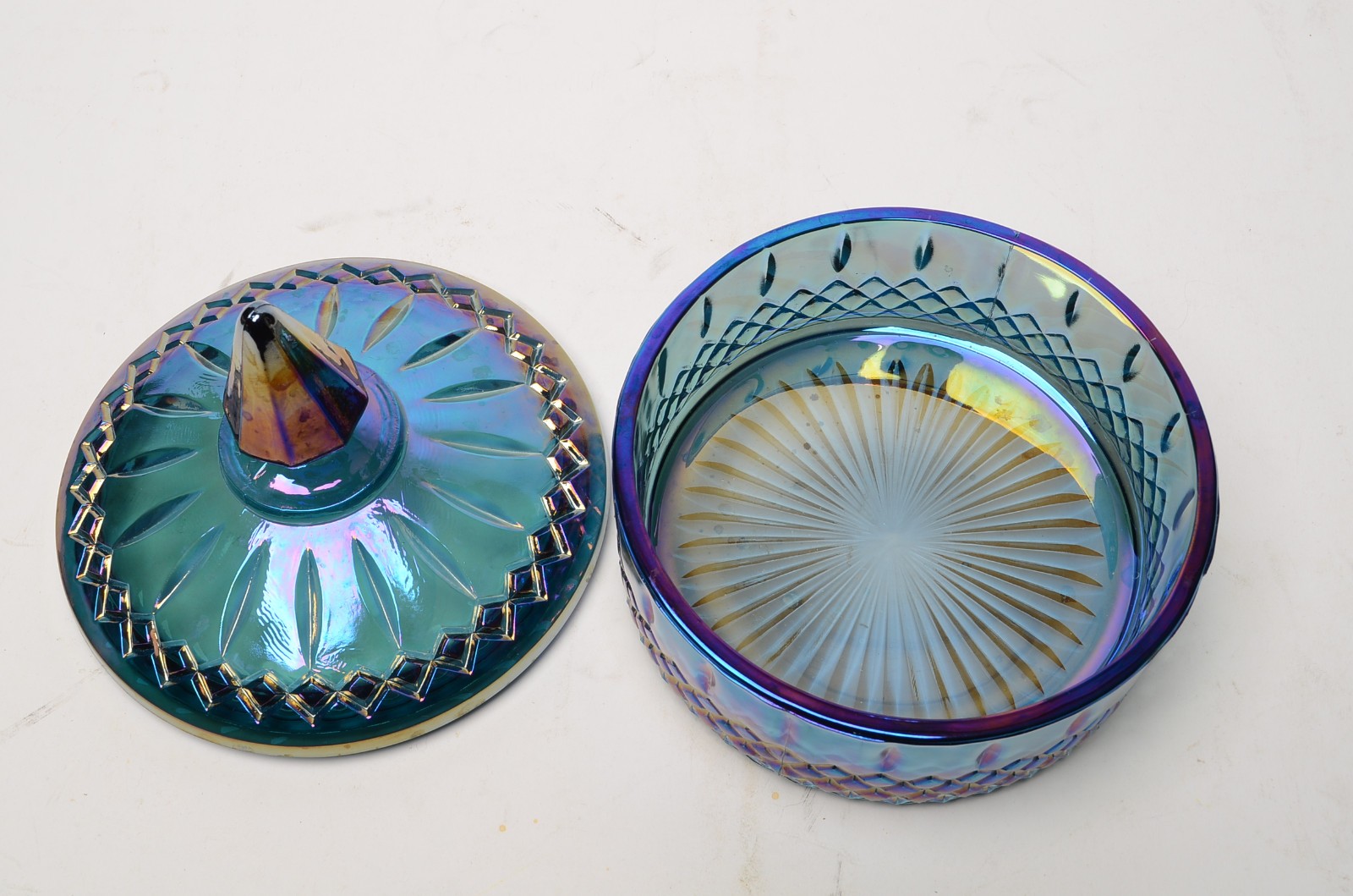 Vintage Indiana Glass Princess Blue Carnival Glass Candy Dish Lid Chips READ