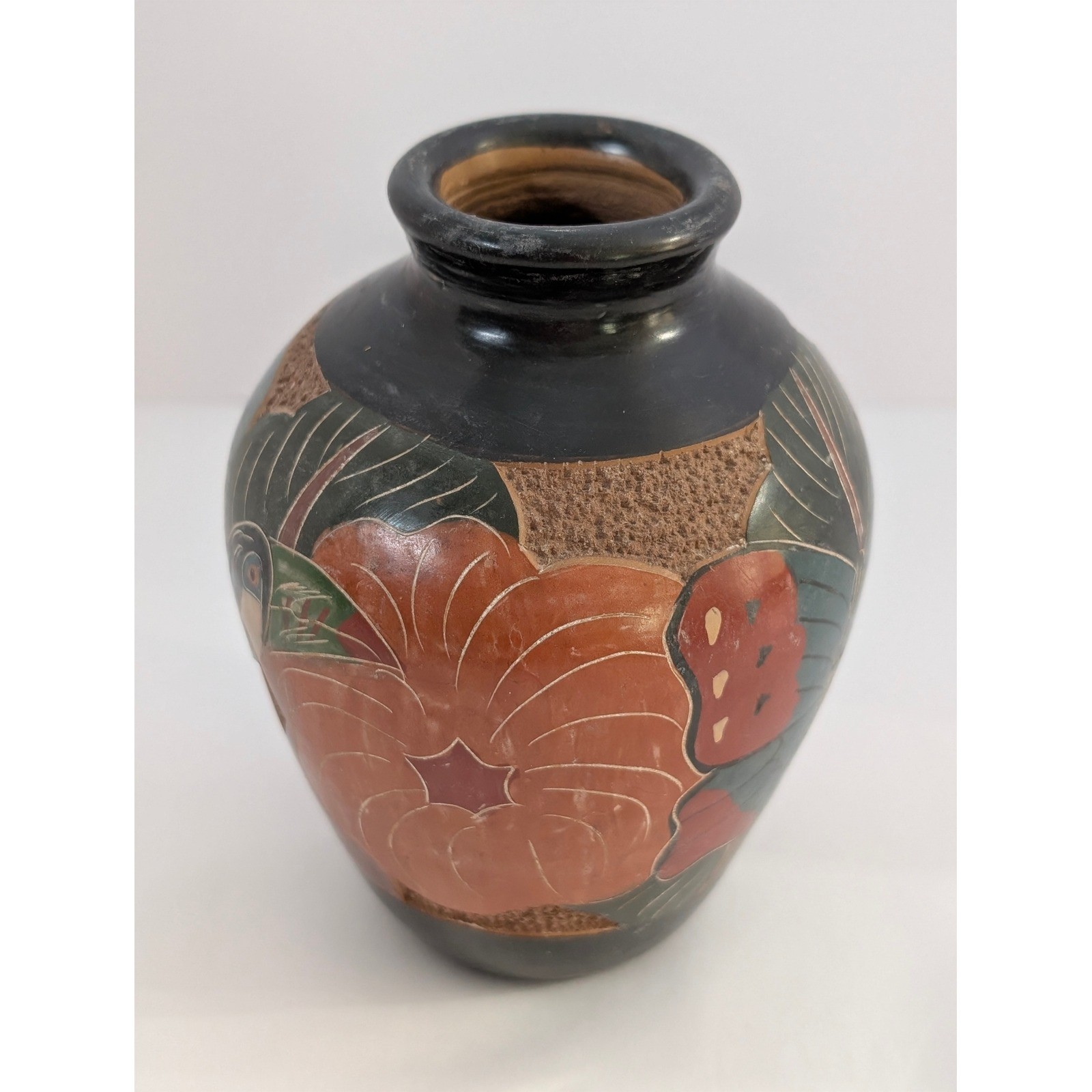 Vintage Folk Art Pottery Vase Bird Butterfly Flowers Black Clay Sgraffito