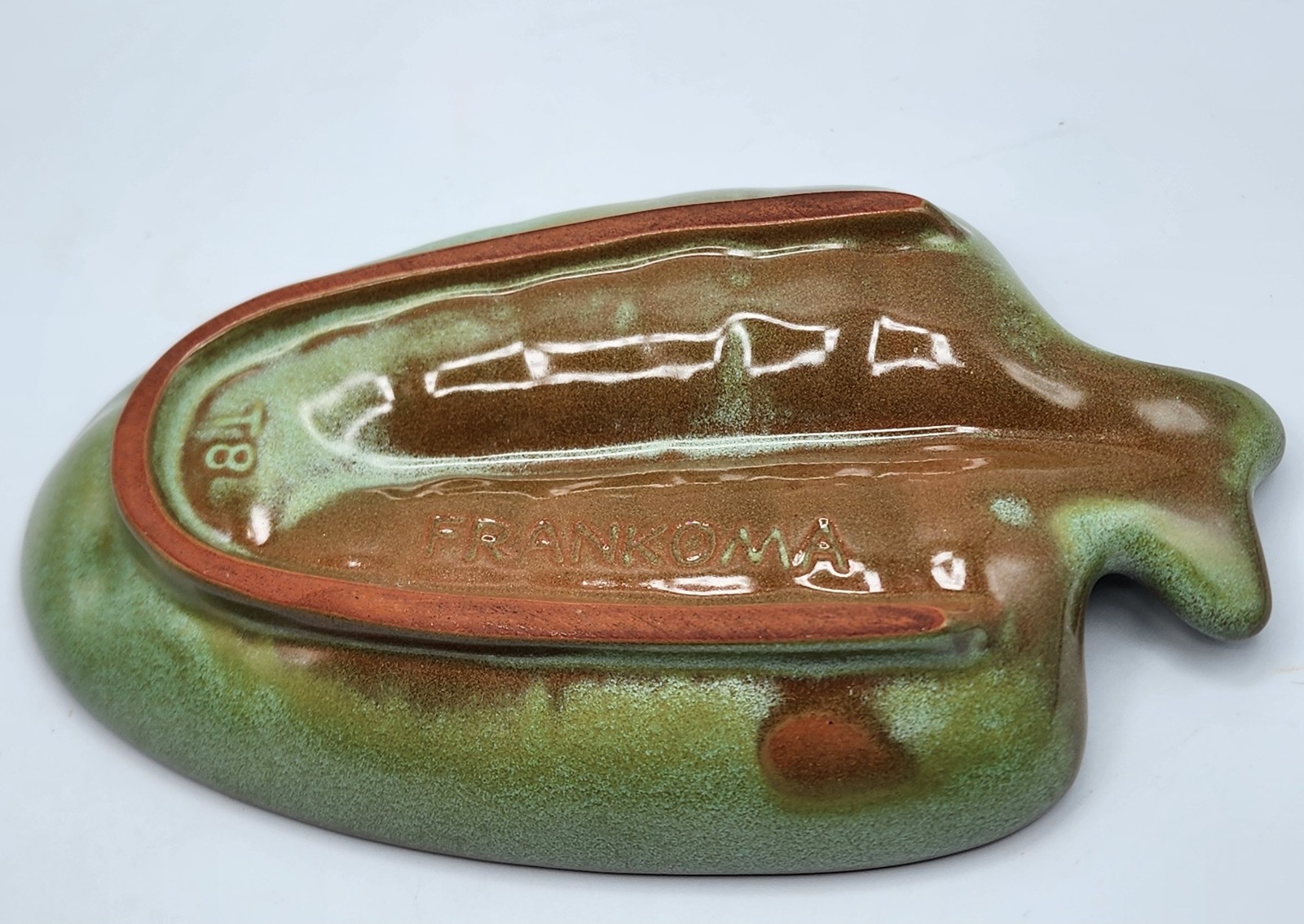 Mid-Century Frankoma T8 Fish Green Brown Pottery Ashtray 7 Inches Small Chip