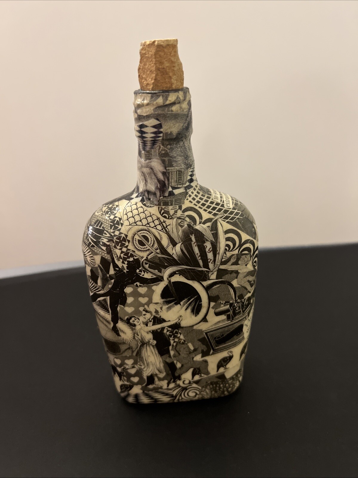 Handcrafted Art. Glass Vase. Decoupage.