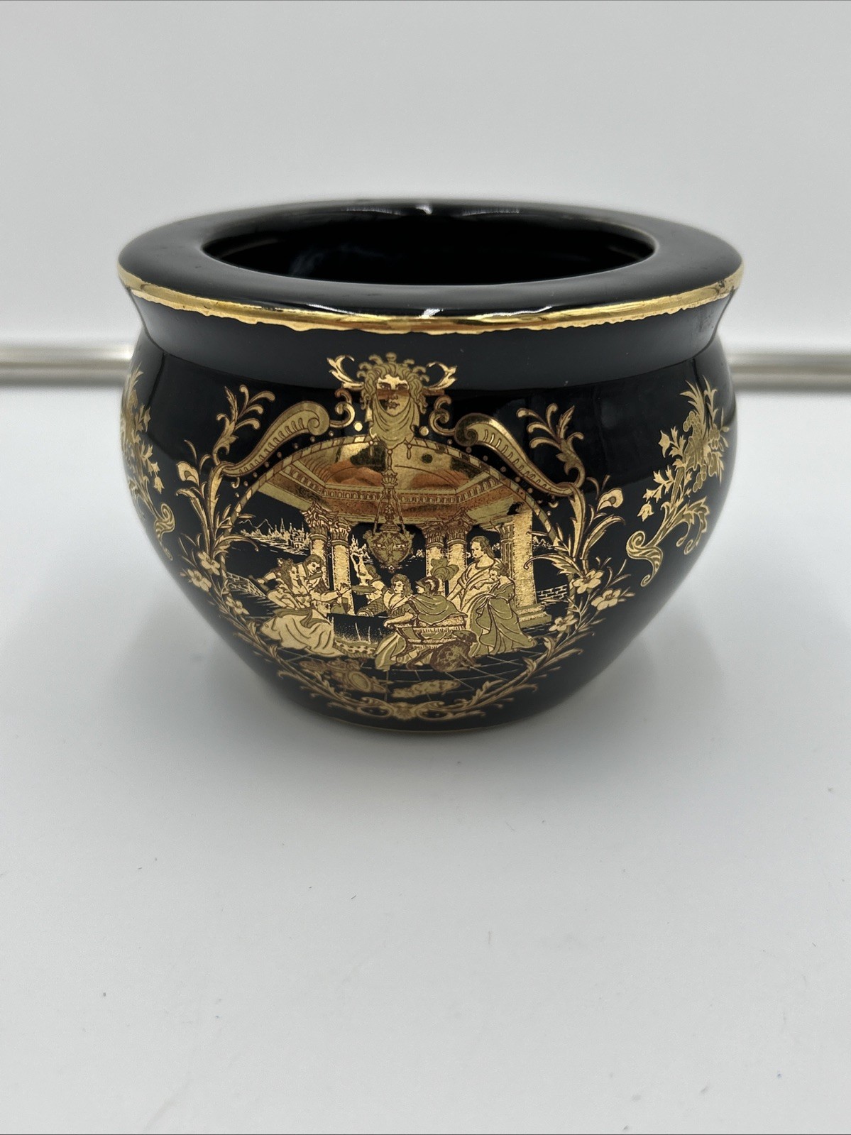 Vintage Limoges Jardiniere Black and Gold 3.25″ Classical Theme Made in France