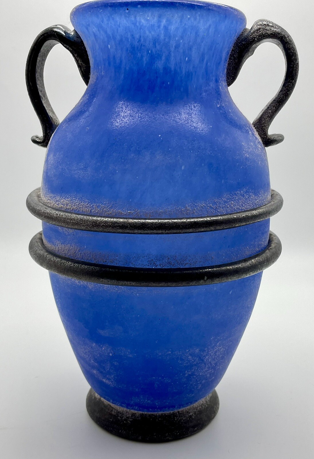9” “Design Guild” STICKER Romania Art Glass Cobalt BLUE Handblown Urn Vase Jar