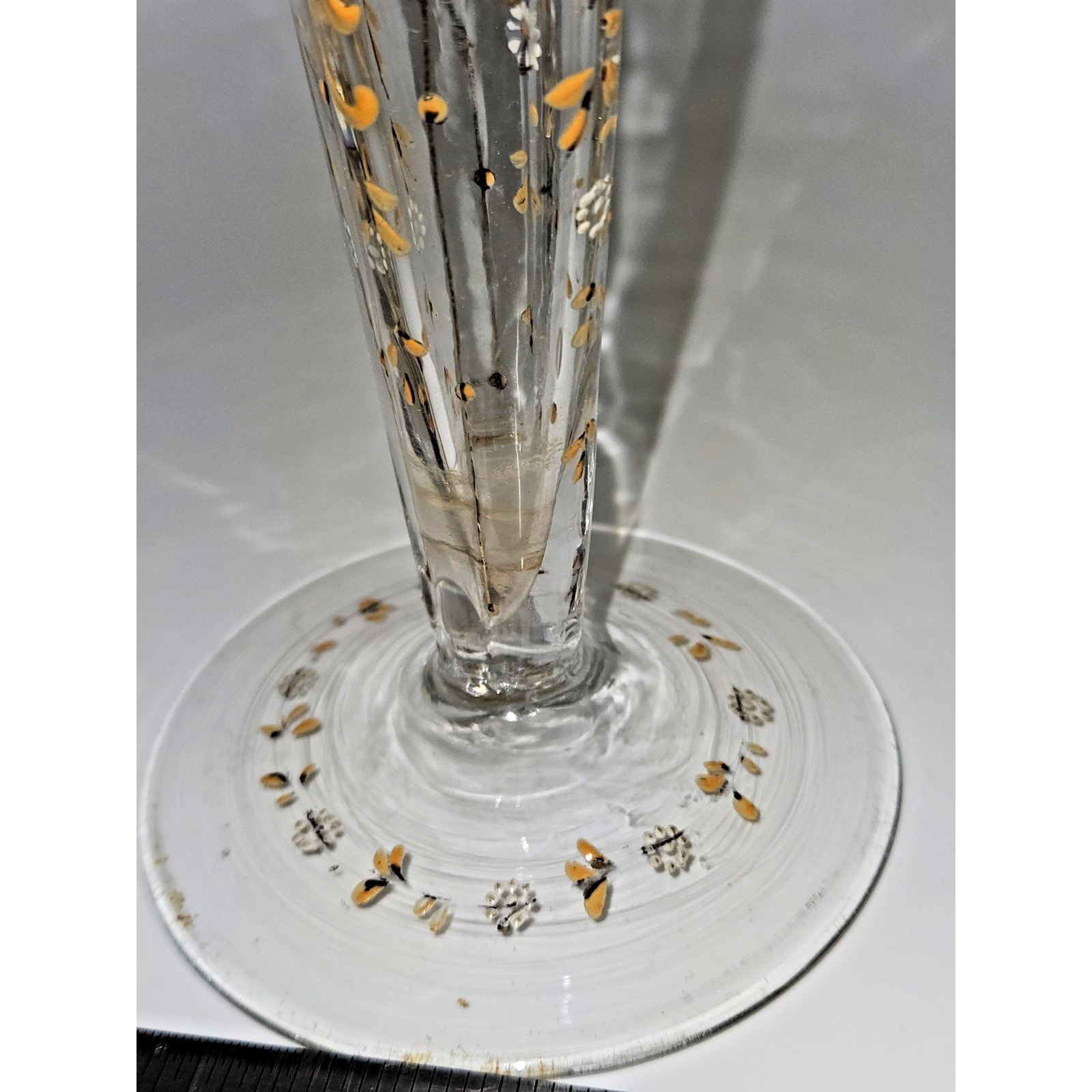 Vtg “Moser Style” Trumpet Clear Blown Glass Enameled Hand Painted Vase 10″