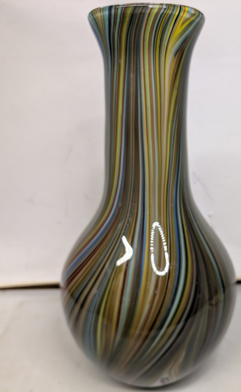 Multi-Colored Swirl Glass Vase -Colorful Striped Filegrana Technique 13 1/2 Tal