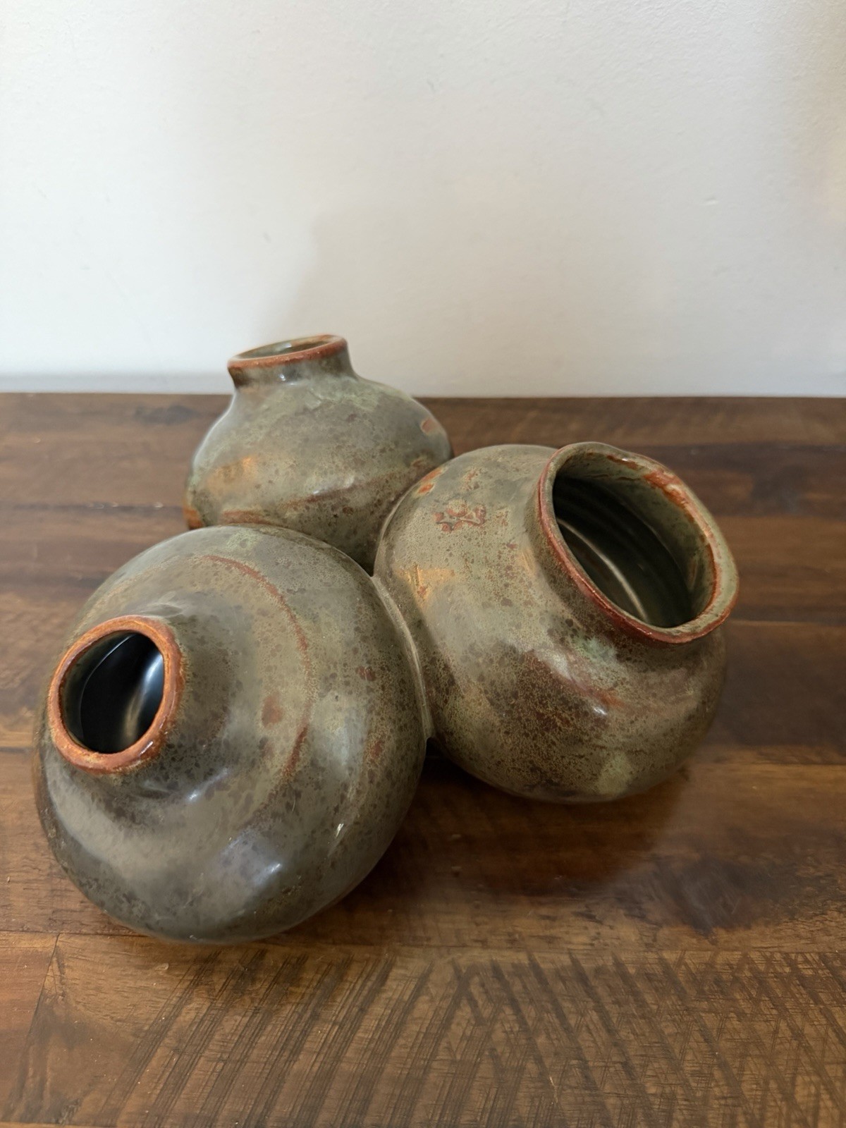 Studio Pottery Triple Bud Vase 3 Pod Organic MCM Rustic Brown Green Vase