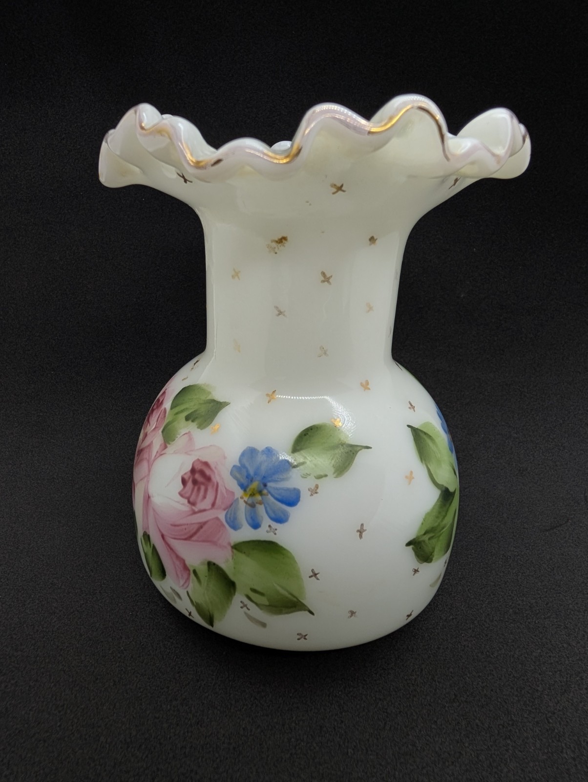 Fenton Vase Milk Glass Art Gold Star Charleton Roses Ruffled c1940-1959 5.5″