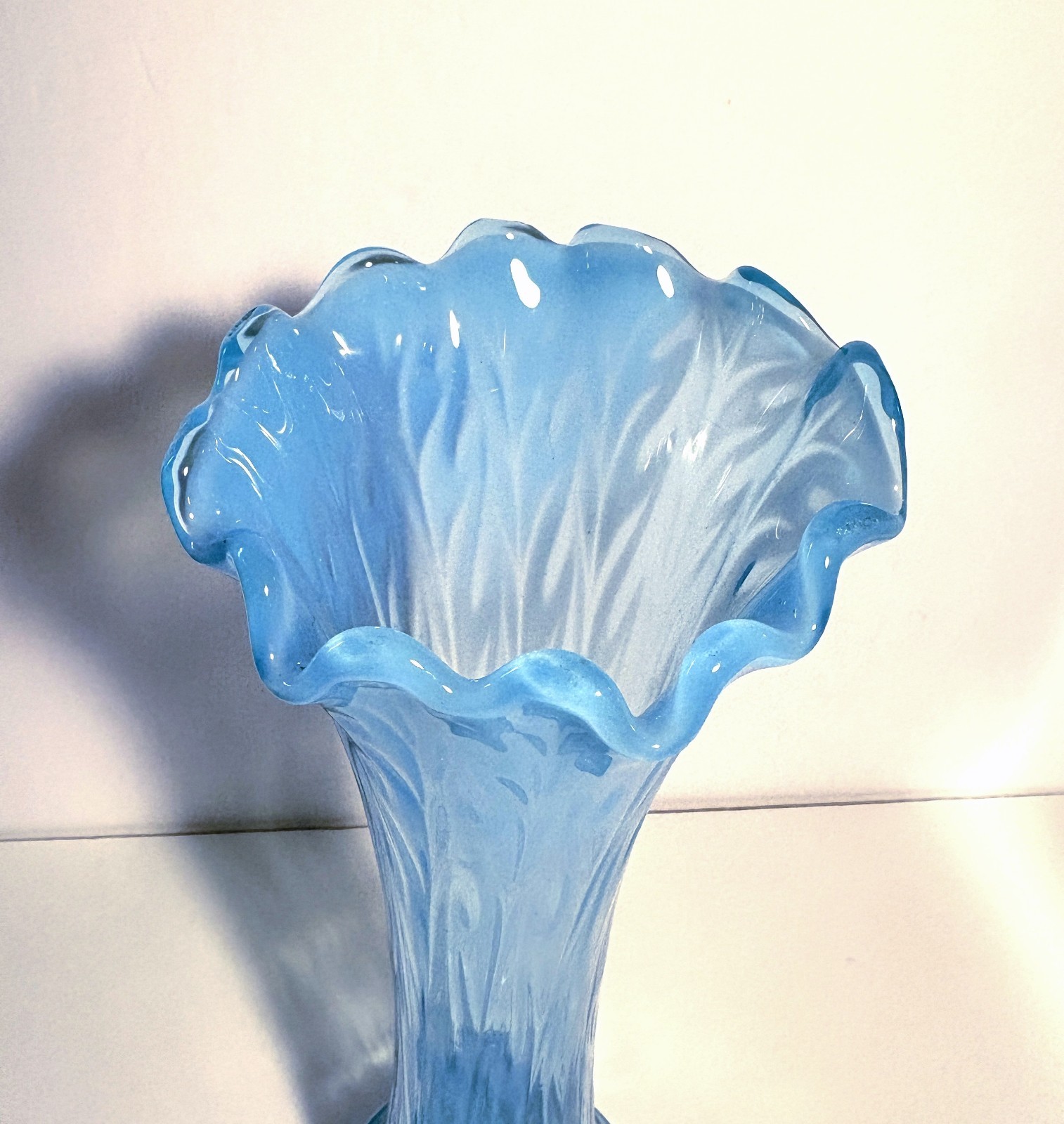 Jefferson Blue Aqua Opalescent Glass Heatherbloom Swung 11″ Vase Intro 1905