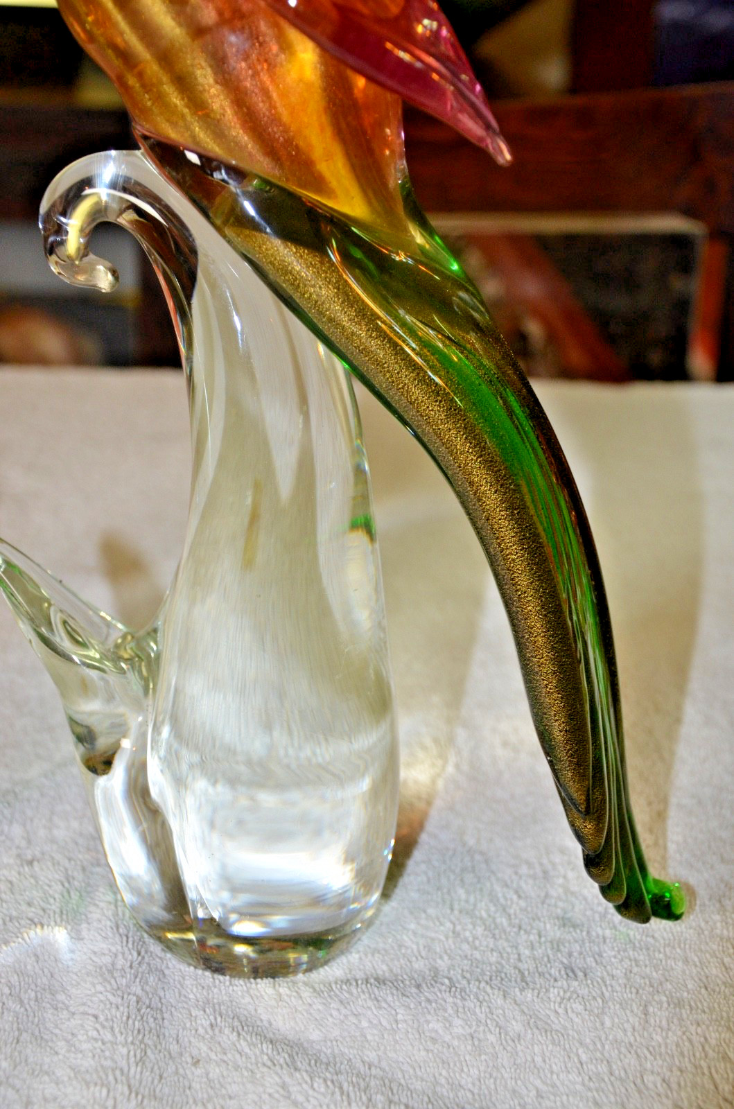 c1950s Pair 17” MURANO Birds Of Paradise/Peacocks Green Red & Aventurine Gold