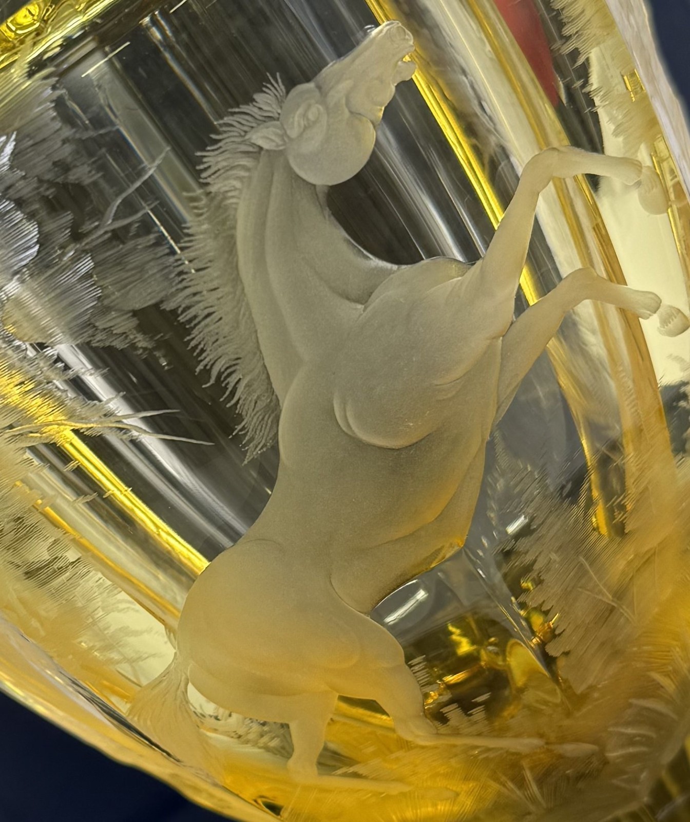 Moser Jumping Horse Vase Elder Yellow Engraved Potash Glass 12in