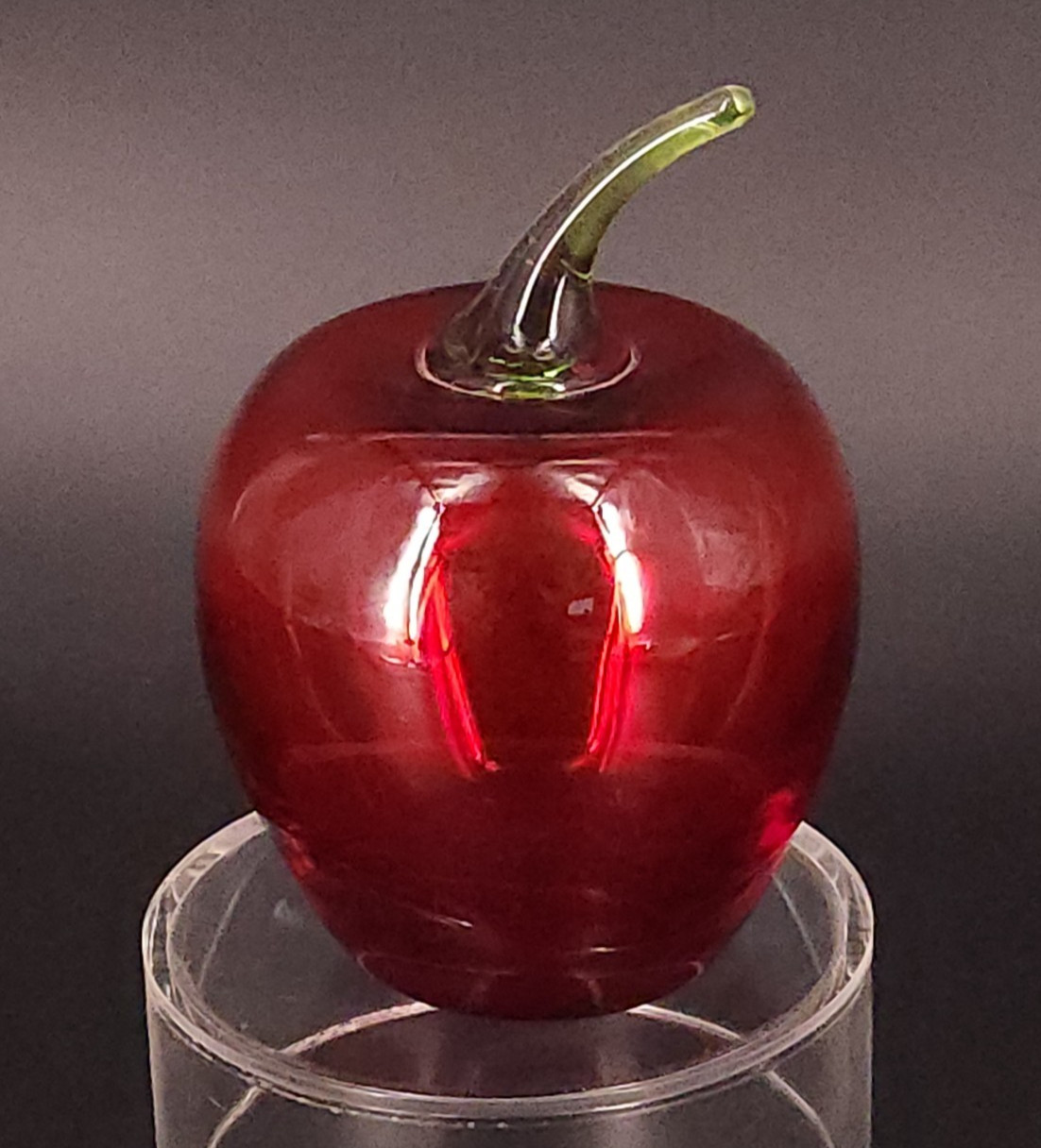 Viking Hand Blown Art Glass Red Apple Paperweight Applied Stem Figurine 4-1/8″T