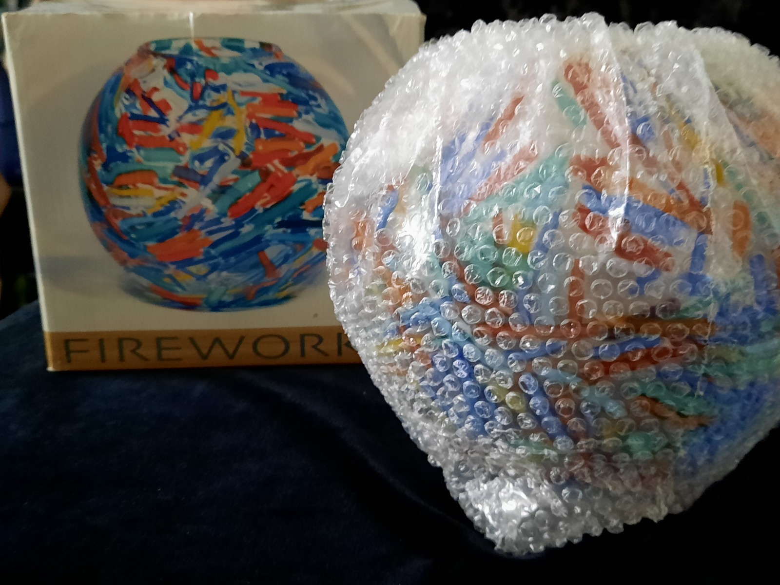 NIB Design Guild *7″ Rose Bowl Fireworks* Stunning Colorful Handcrafted Glass
