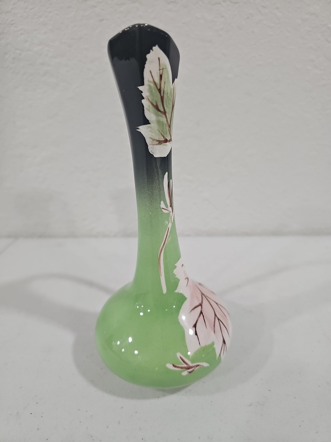 Vintage Rubens Original Art Pottery Hand Painted Green Ceramic 7″ Asian Vase