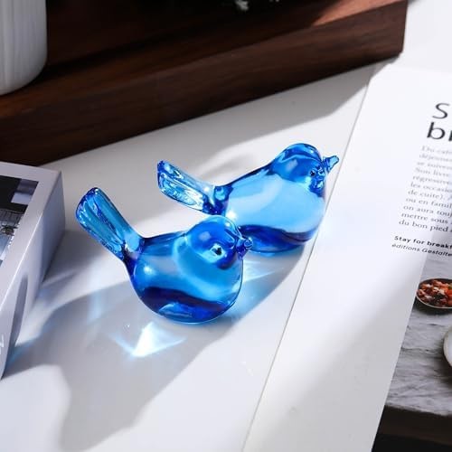 Qianwei 2pcs Blue Glass Birds Figurine Handmade Blown Crystal Home Decor | Cr…