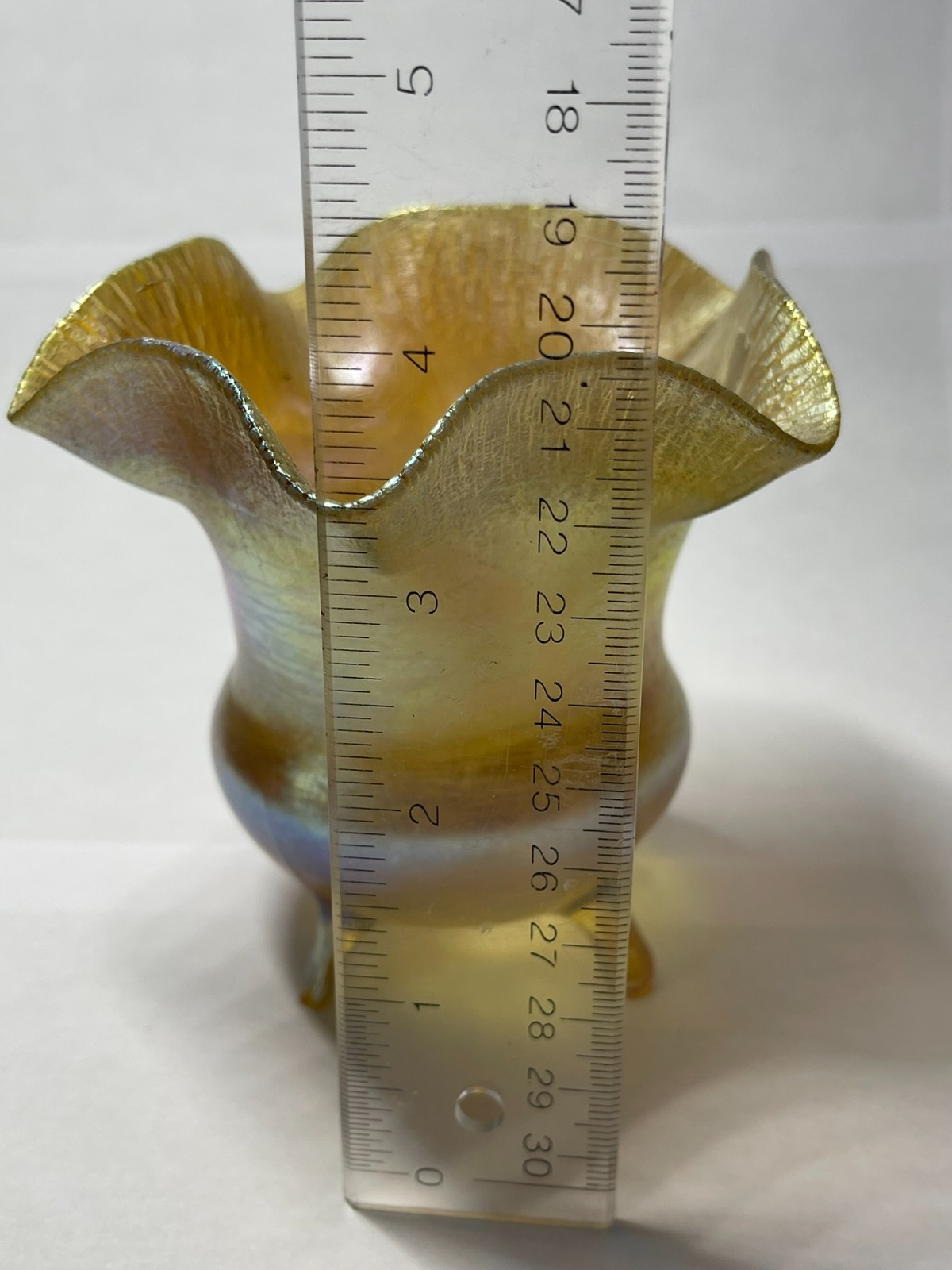 Antique L.C.T. Tiffany Favrile Glass Tripod Footed Ruffled Vase Bowl 9995A