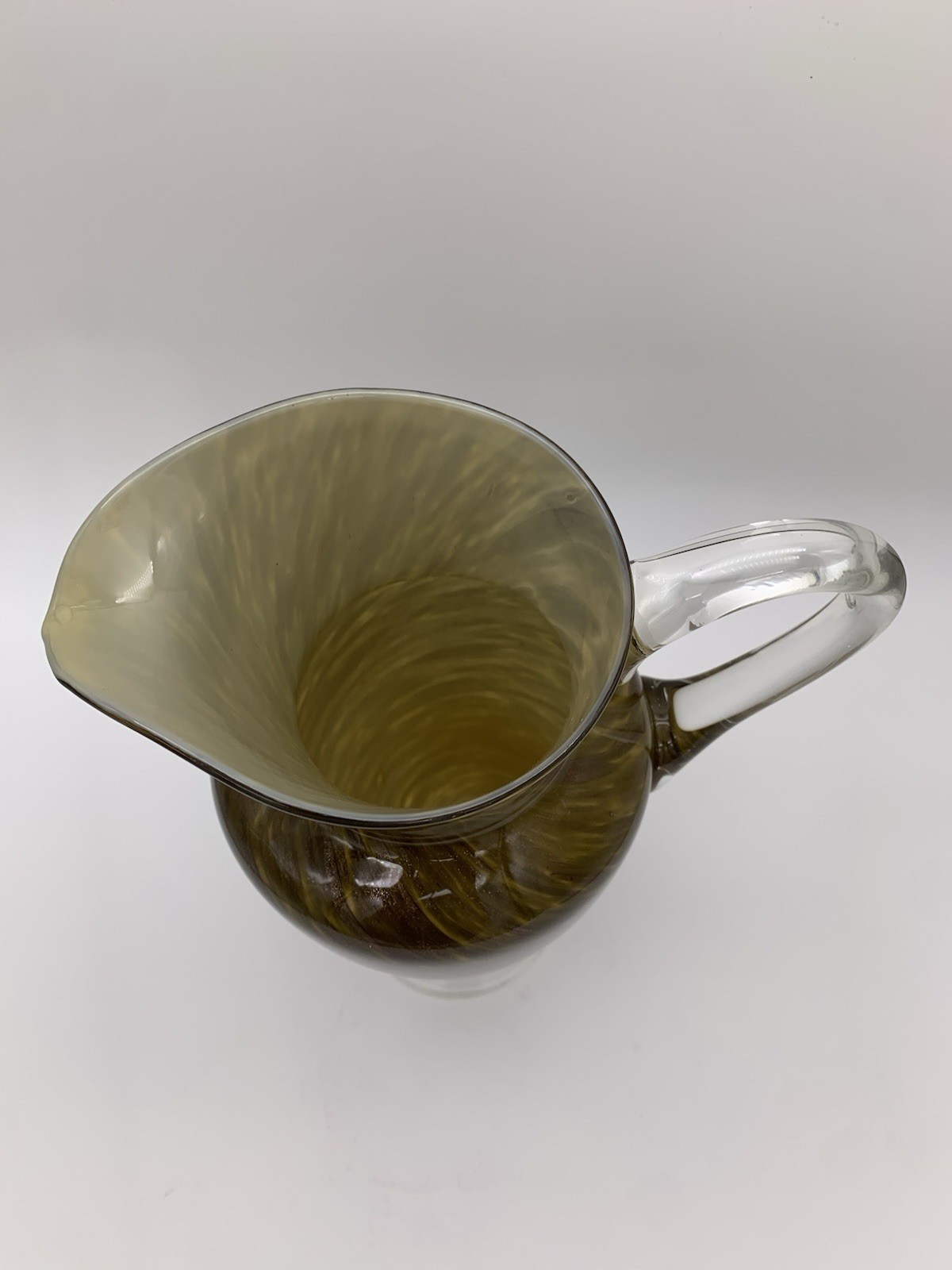 Vtg. Smokey Ornate Gold Glitter Accent Swirl Art Glass Pitcher Vase With Handle