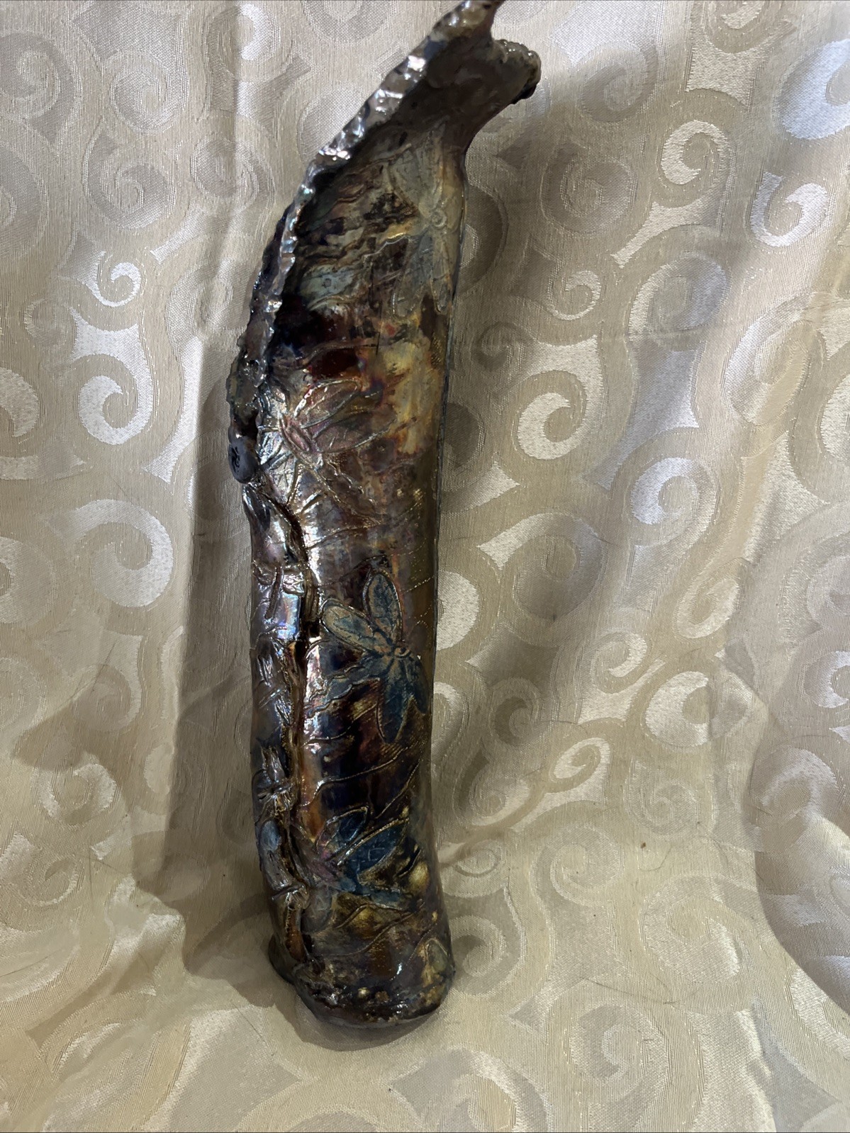 Handmade Raku Pottery Vase 14” Iridescent Studio Art Sculptural Vessel Unique