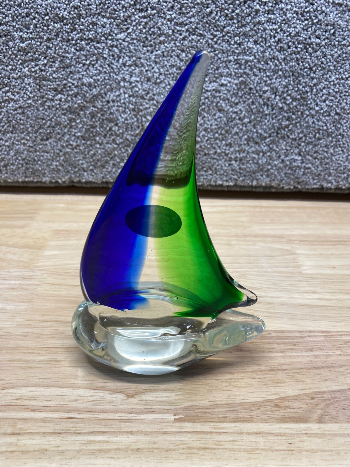 Mouth-Blown Glass Made By Hand Blue, Clear & Green Sailboat 7.5″ Tall Nautical