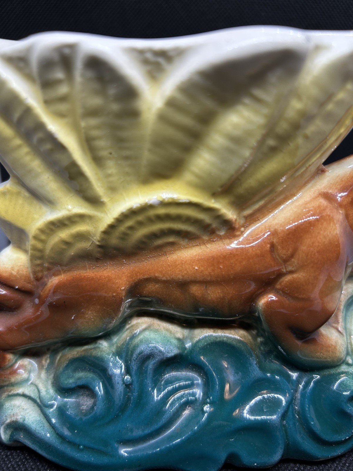 Art Deco Flower Planter, Brown Panther, Yellow Bloom, Vintage.