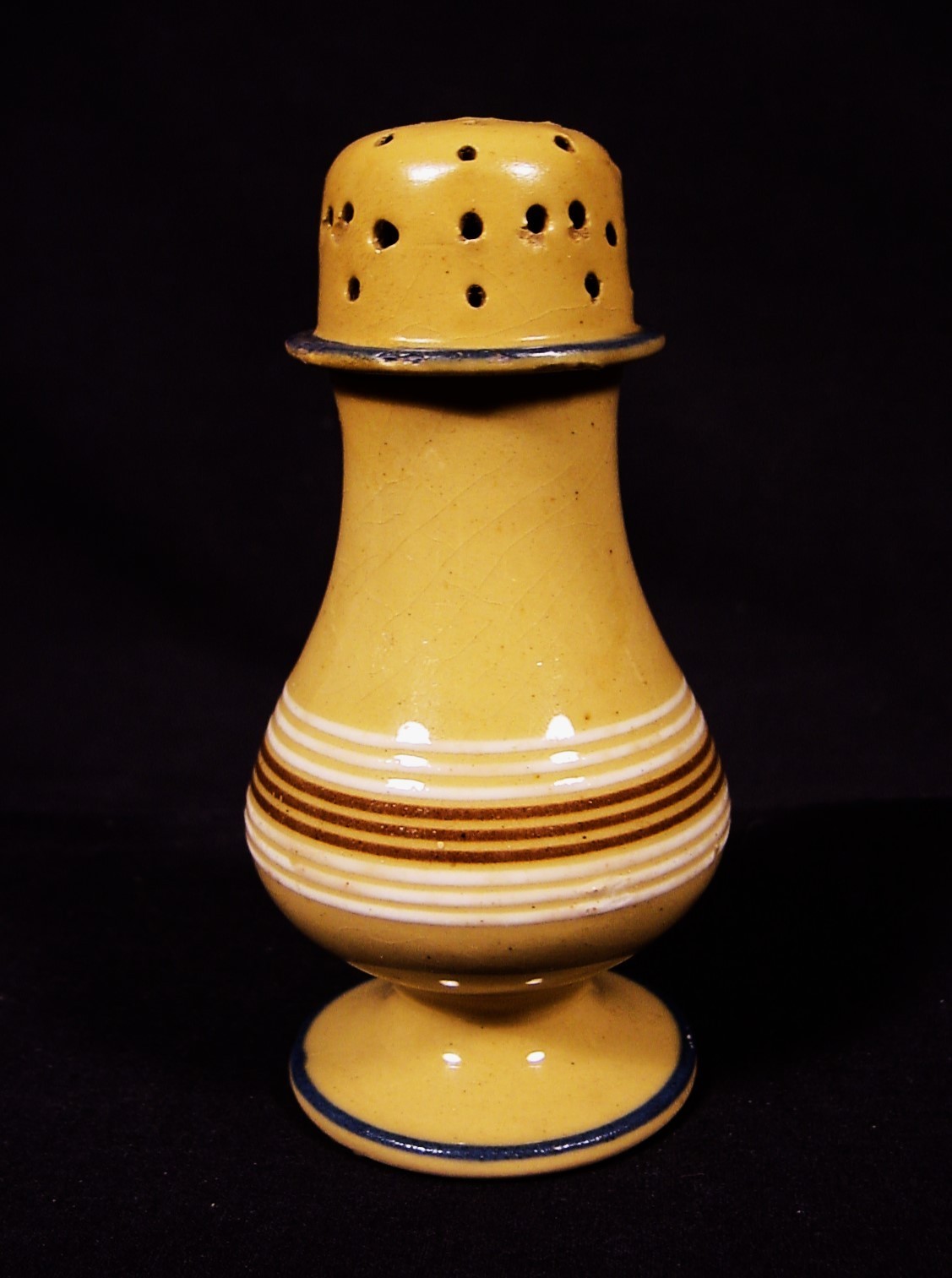 VERY RARE 1840 ORNATE 9 BROWN & WHITE BAND DECORATED PEPPER POT YELLOW WARE MINT